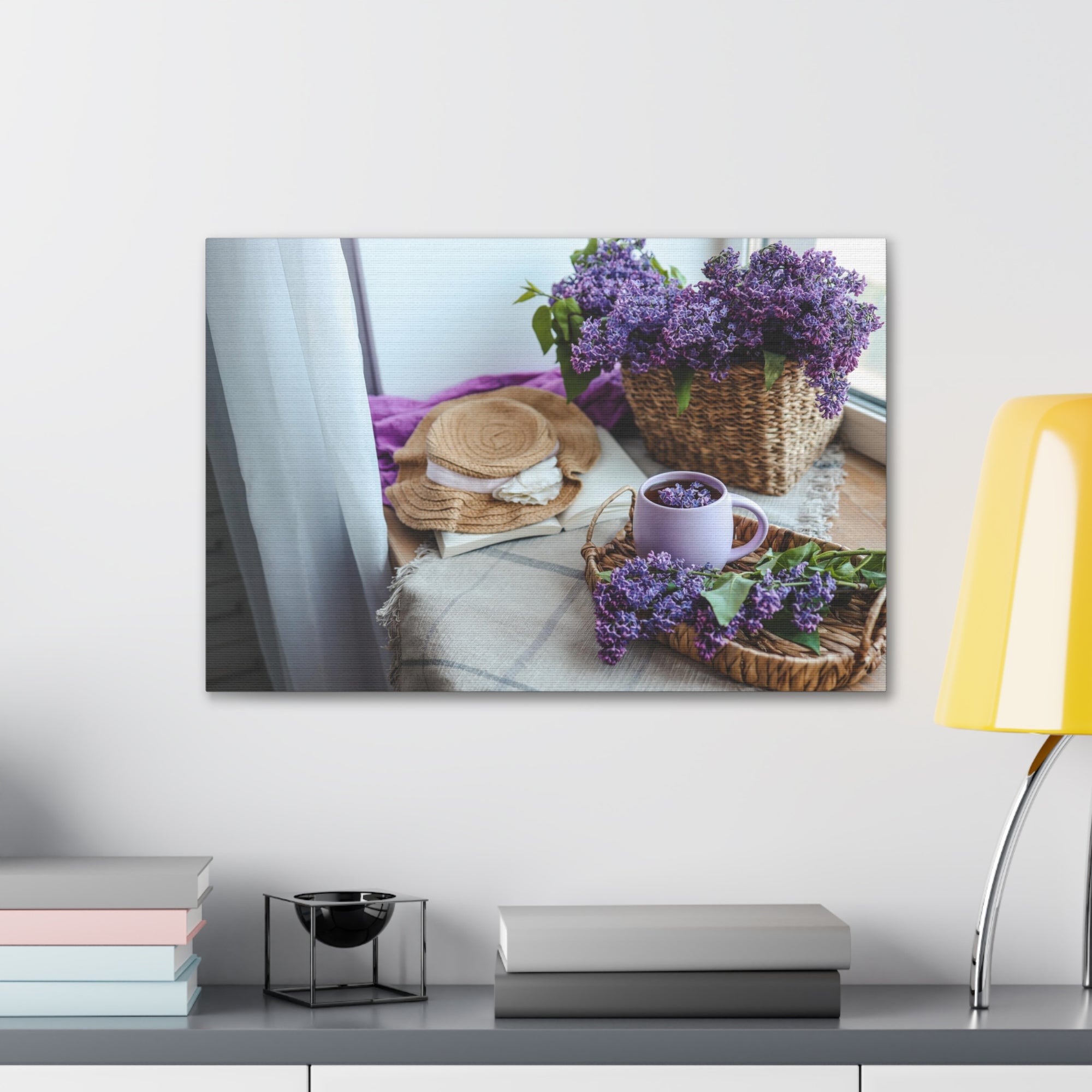 Basket Of Lilacs Straw Hat Teacup On Table Country Background Canvas Wall Art for Home Decor Ready-to-Hang-Express Your Love Gifts