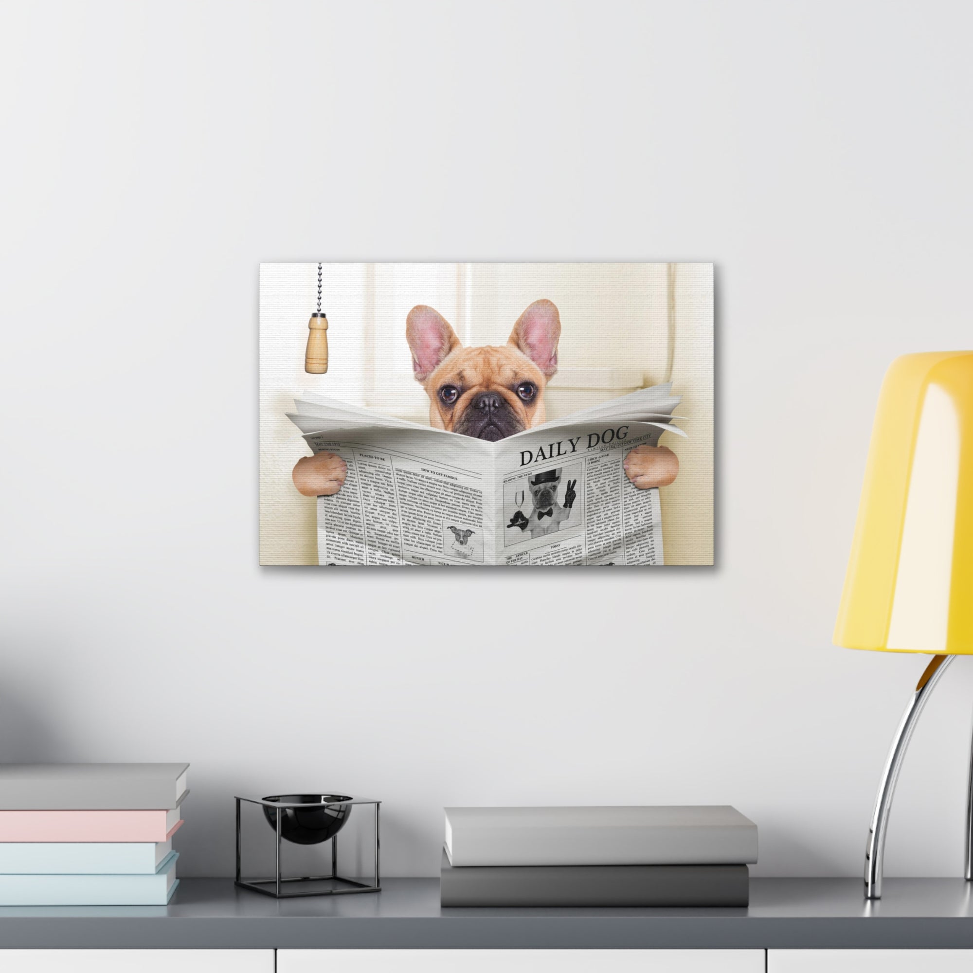 Fawn French Bulldog Reading Newspaper On Toilet Funny Canvas Wall Art for Home Decor Ready-to-Hand-Express Your Love Gifts