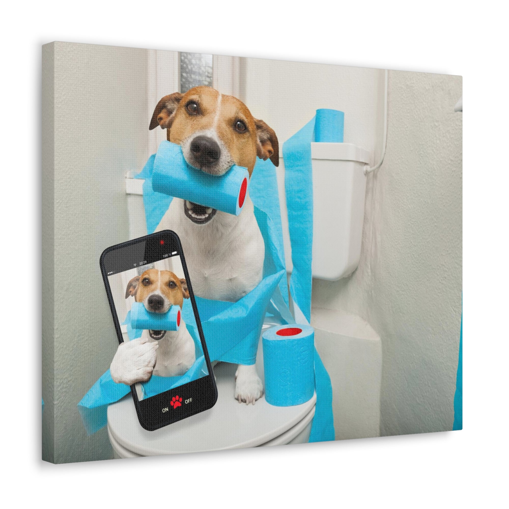 Jack Russell Terrier Holding Phone On Toilet Funny Canvas Wall Art for Home Decor Ready-to-Hand-Express Your Love Gifts