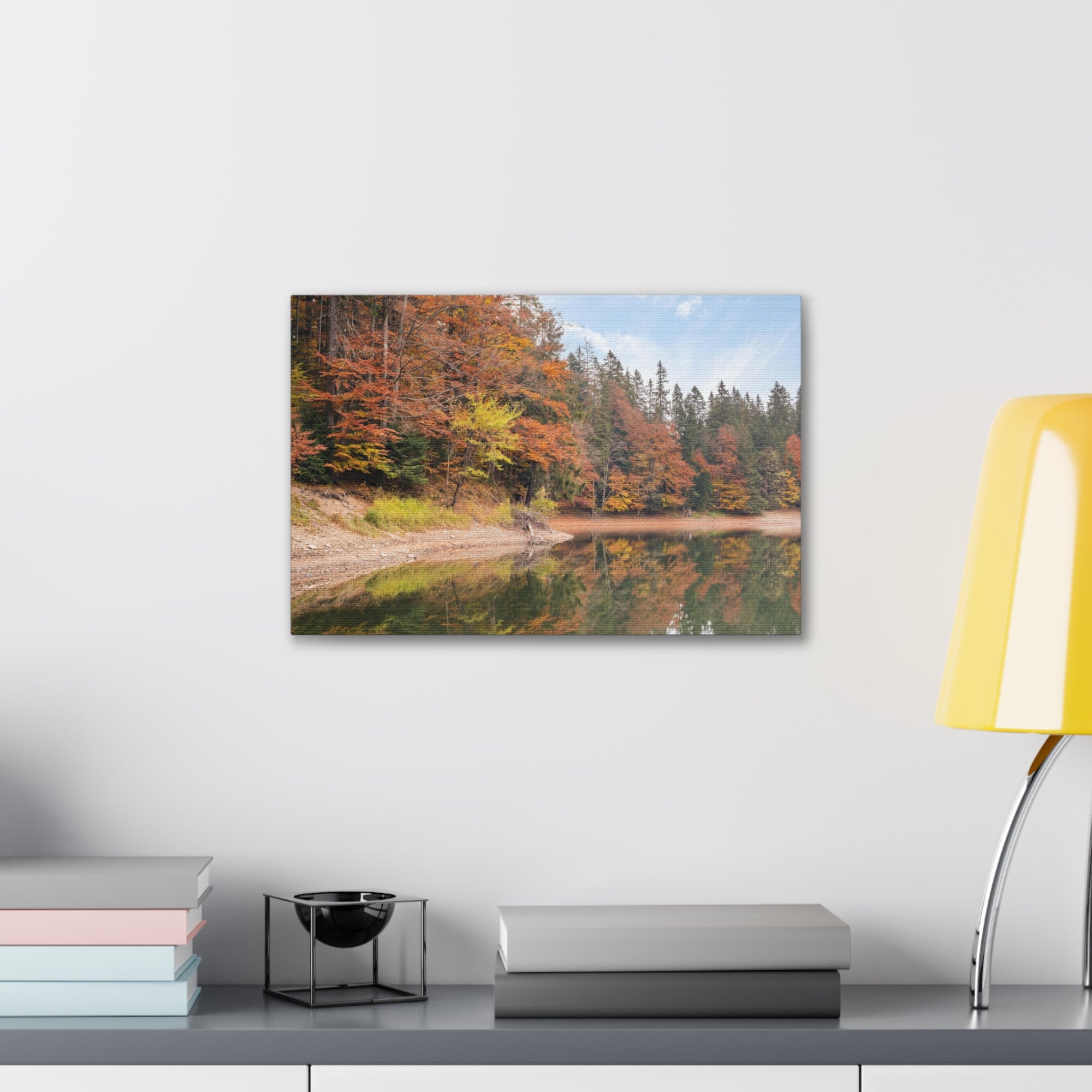 Autumn Forest Lake Orange Leave Tree Nature Wilderness Photography Canvas Wall Art for Home Decor Ready-to-Hang-Express Your Love Gifts