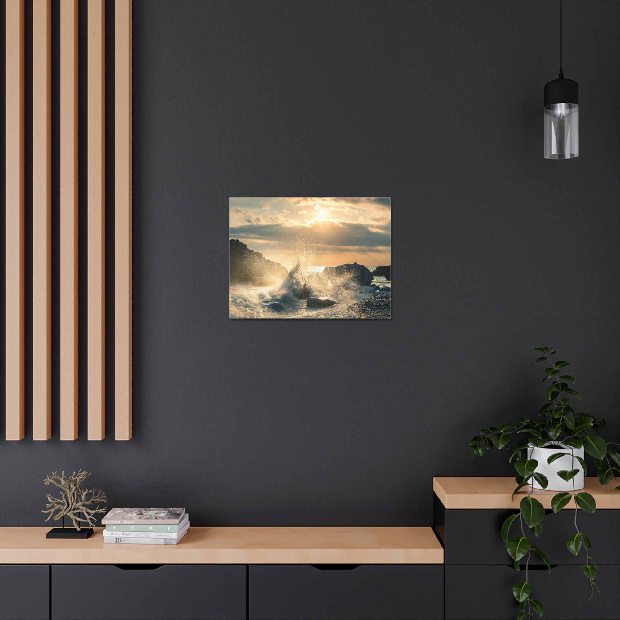 Big Wave Hit Rock At Beach Sunset Seascape Ocean Canvas Wall Art for Home Decor Ready-to-Hang-Express Your Love Gifts