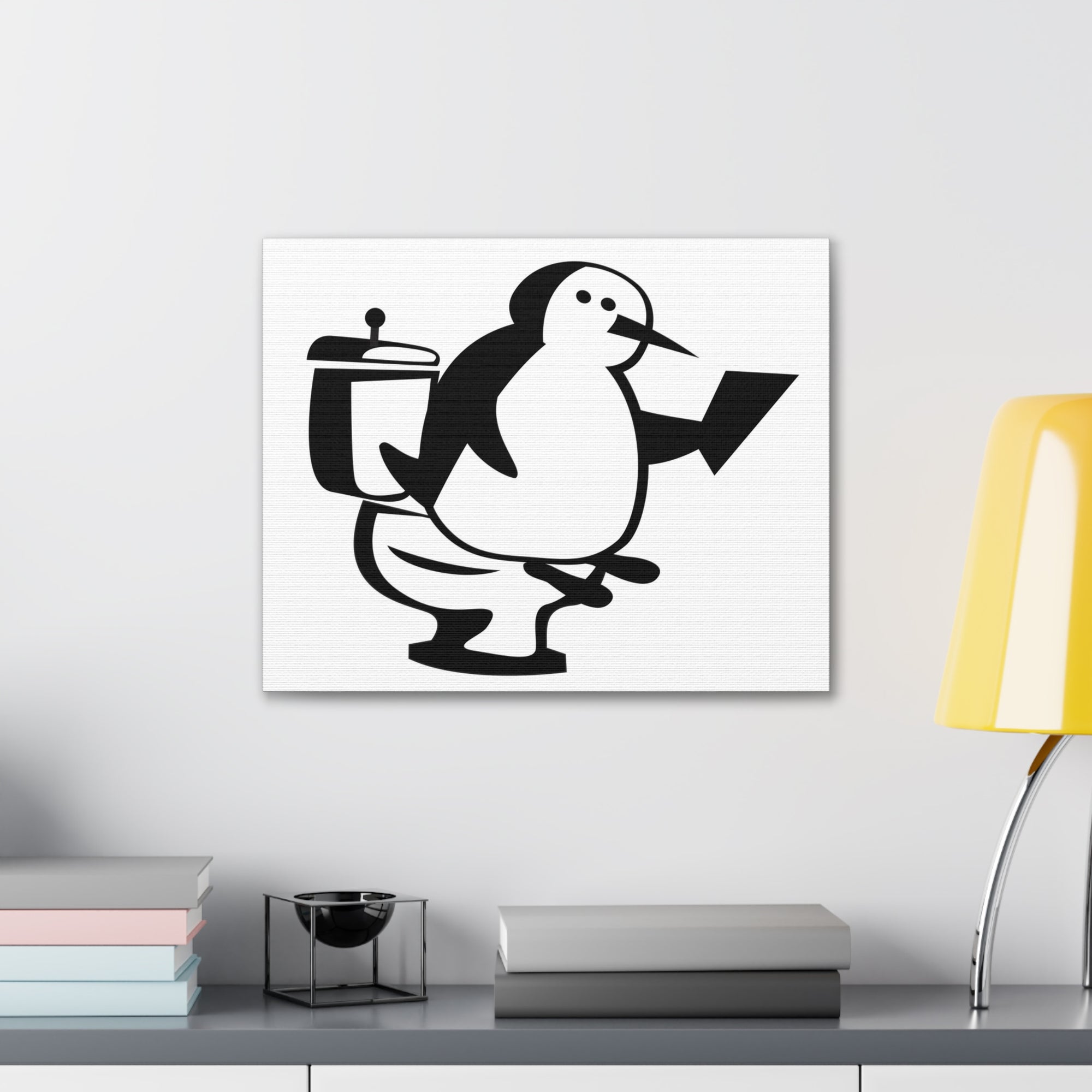 Cartoon Penguin Reading Newspaper On Toilet Funny Canvas Wall Art for Home Decor Ready-to-Hand-Express Your Love Gifts