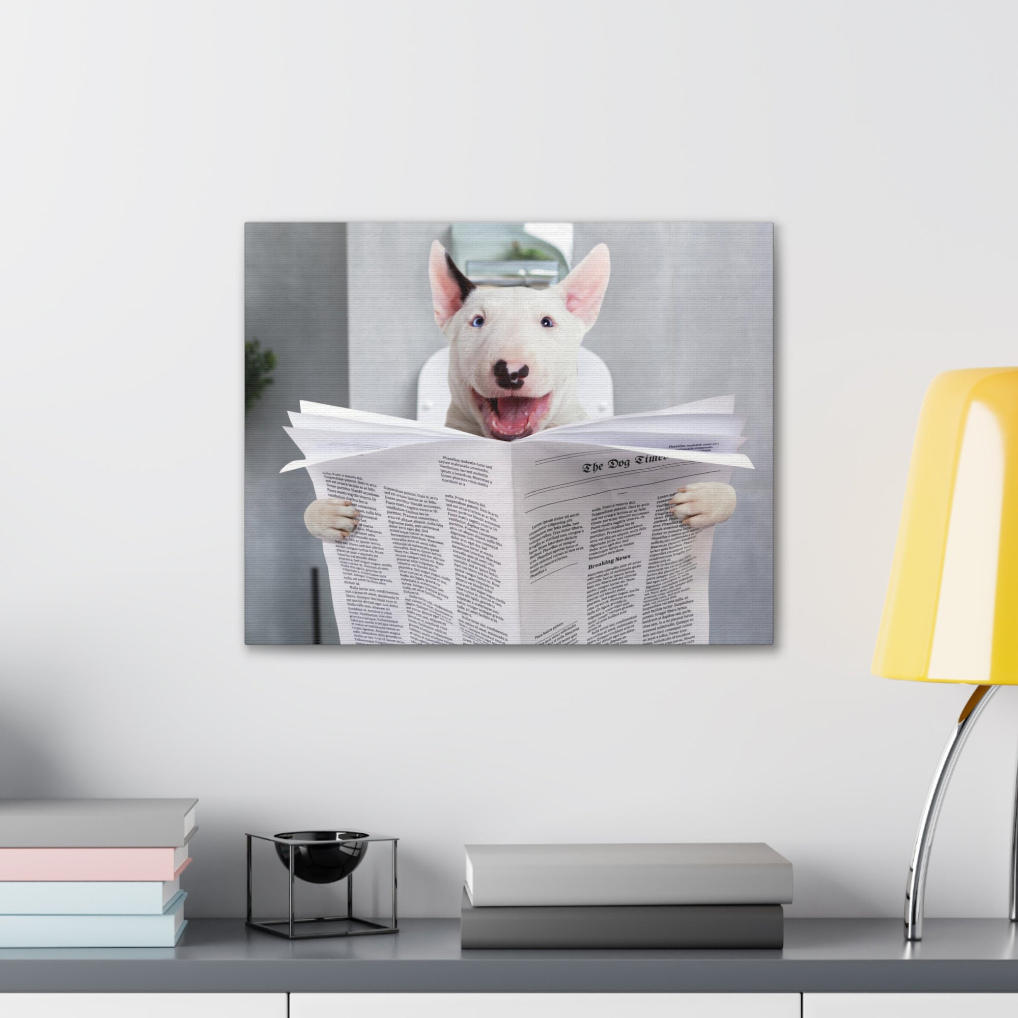 Smiling Bullterrier Reading Newspaper On Toilet Funny Canvas Wall Art for Home Decor Ready-to-Hand-Express Your Love Gifts