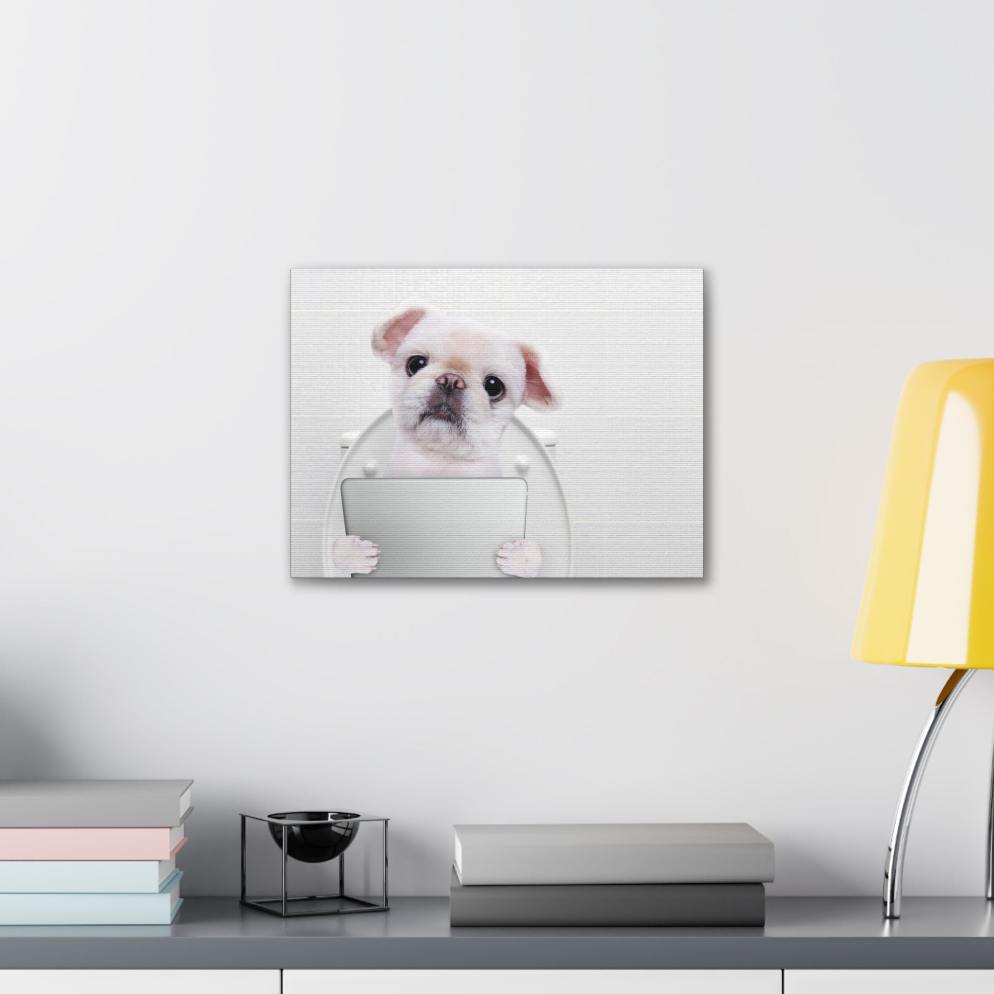 Cute Dog Holding Tablet PC Sitting On Toilet Funny Canvas Wall Art for Home Decor Ready-to-Hand-Express Your Love Gifts