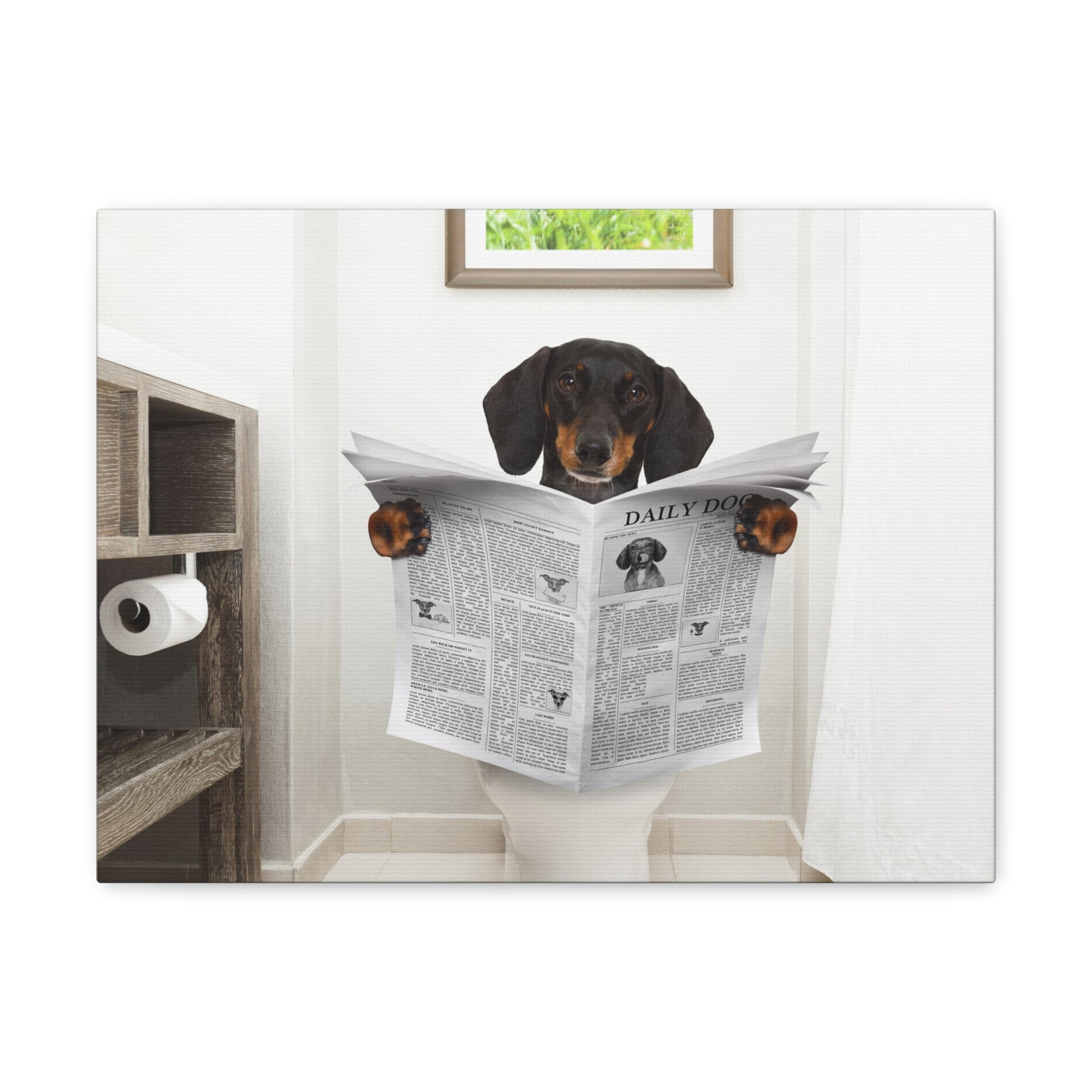 Dachshund Or Sausage Dog Reading Newspaper On Toilet Funny Canvas Wall Art for Home Decor Ready-to-Hand-Express Your Love Gifts