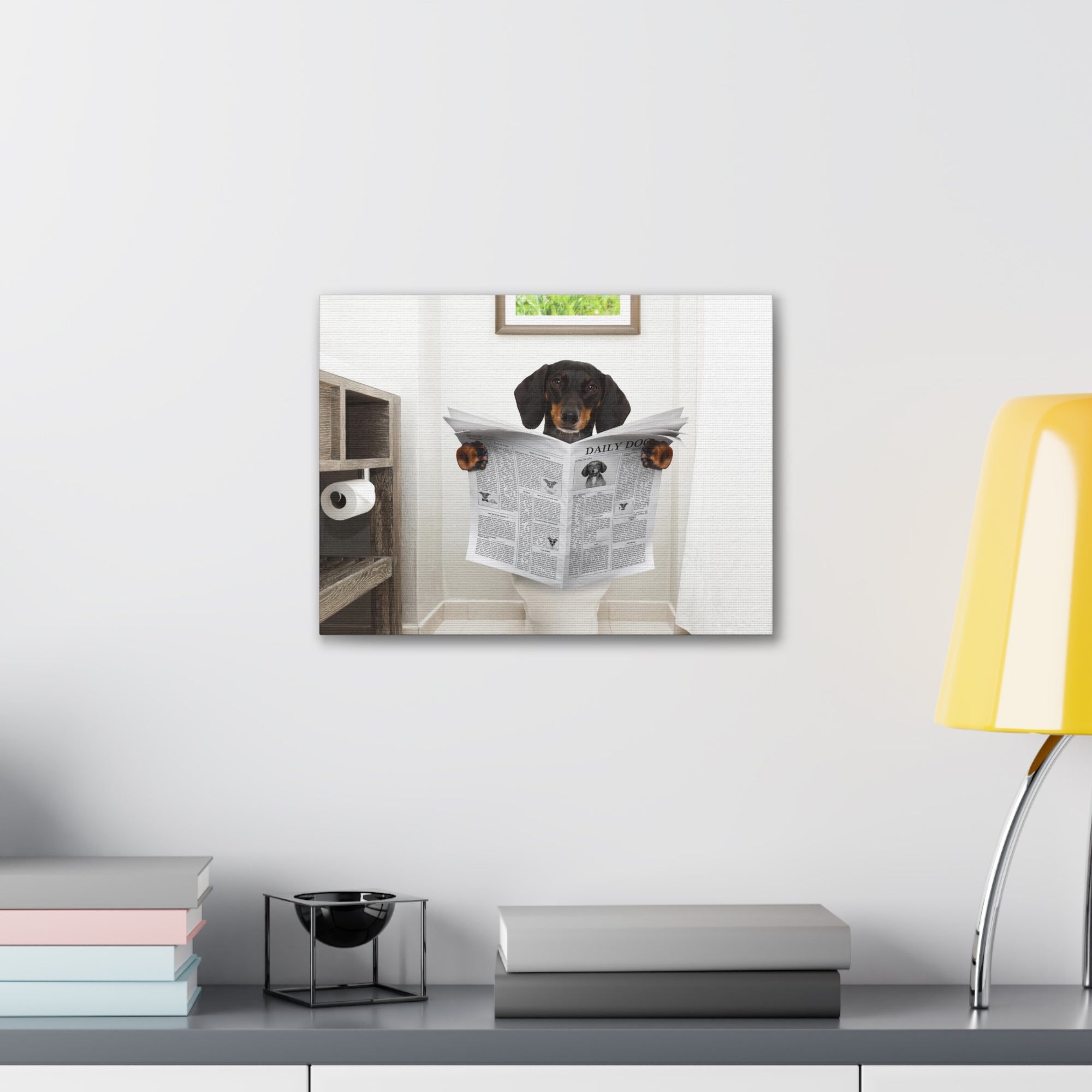 Dachshund Or Sausage Dog Reading Newspaper On Toilet Funny Canvas Wall Art for Home Decor Ready-to-Hand-Express Your Love Gifts