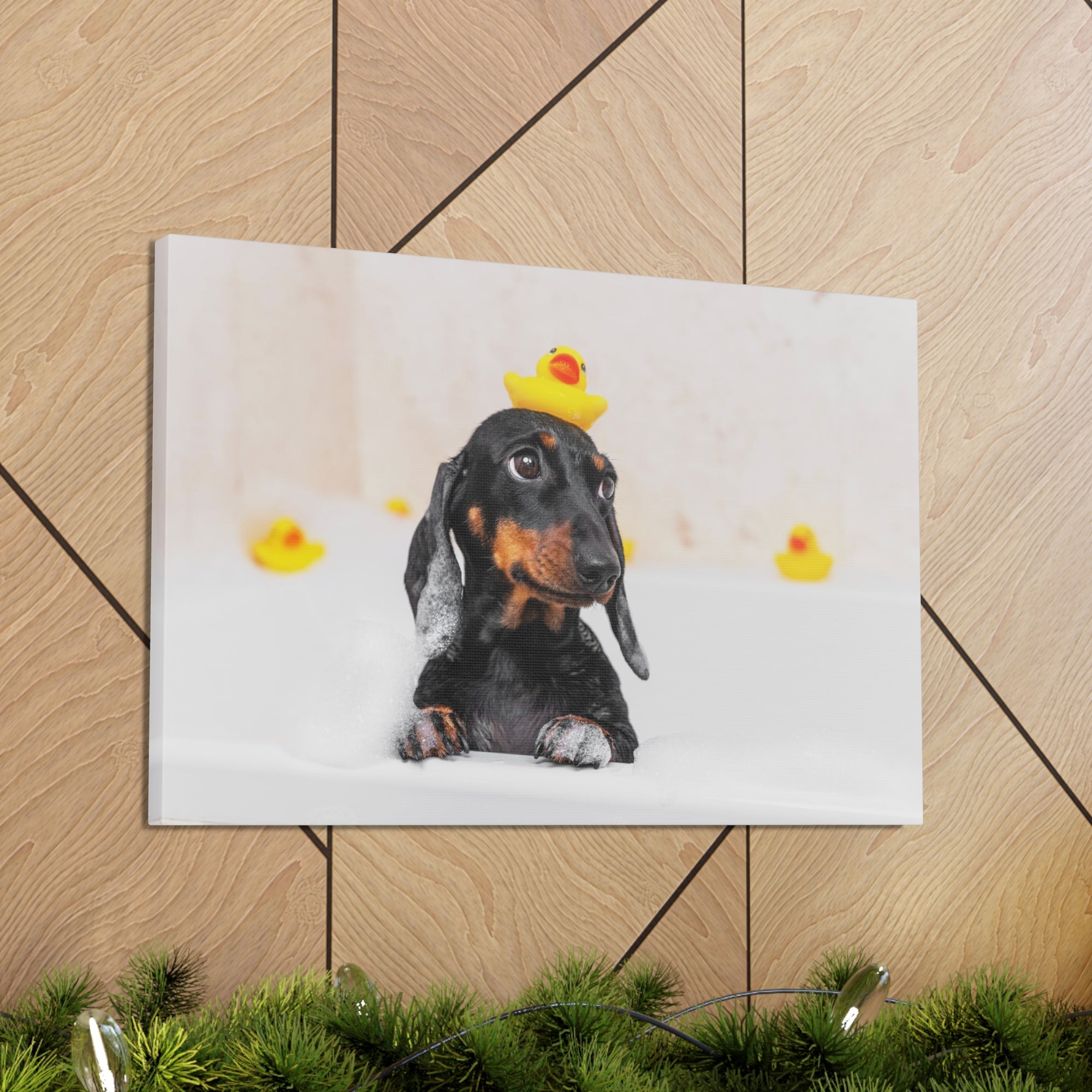 Dachshund In Bathtub With Yellow Duck On Toilet Funny Canvas Wall Art for Home Decor Ready-to-Hand-Express Your Love Gifts