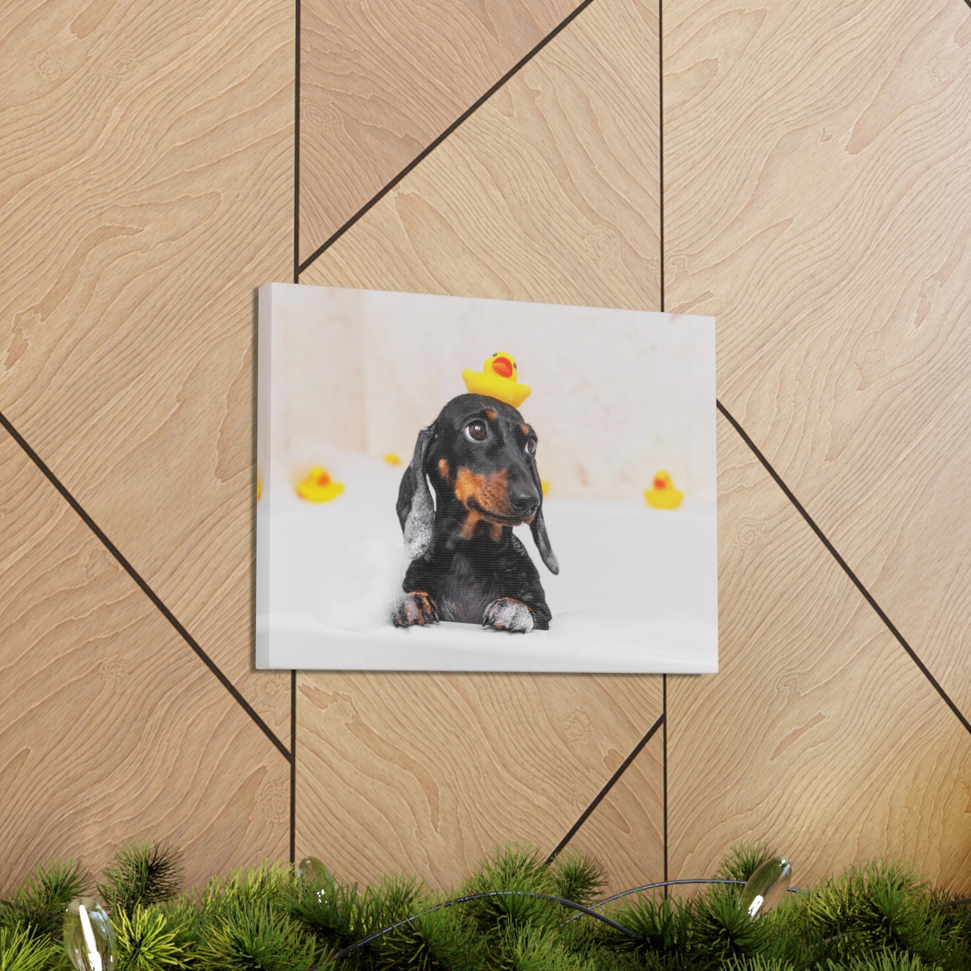 Dachshund In Bathtub With Yellow Duck On Toilet Funny Canvas Wall Art for Home Decor Ready-to-Hand-Express Your Love Gifts