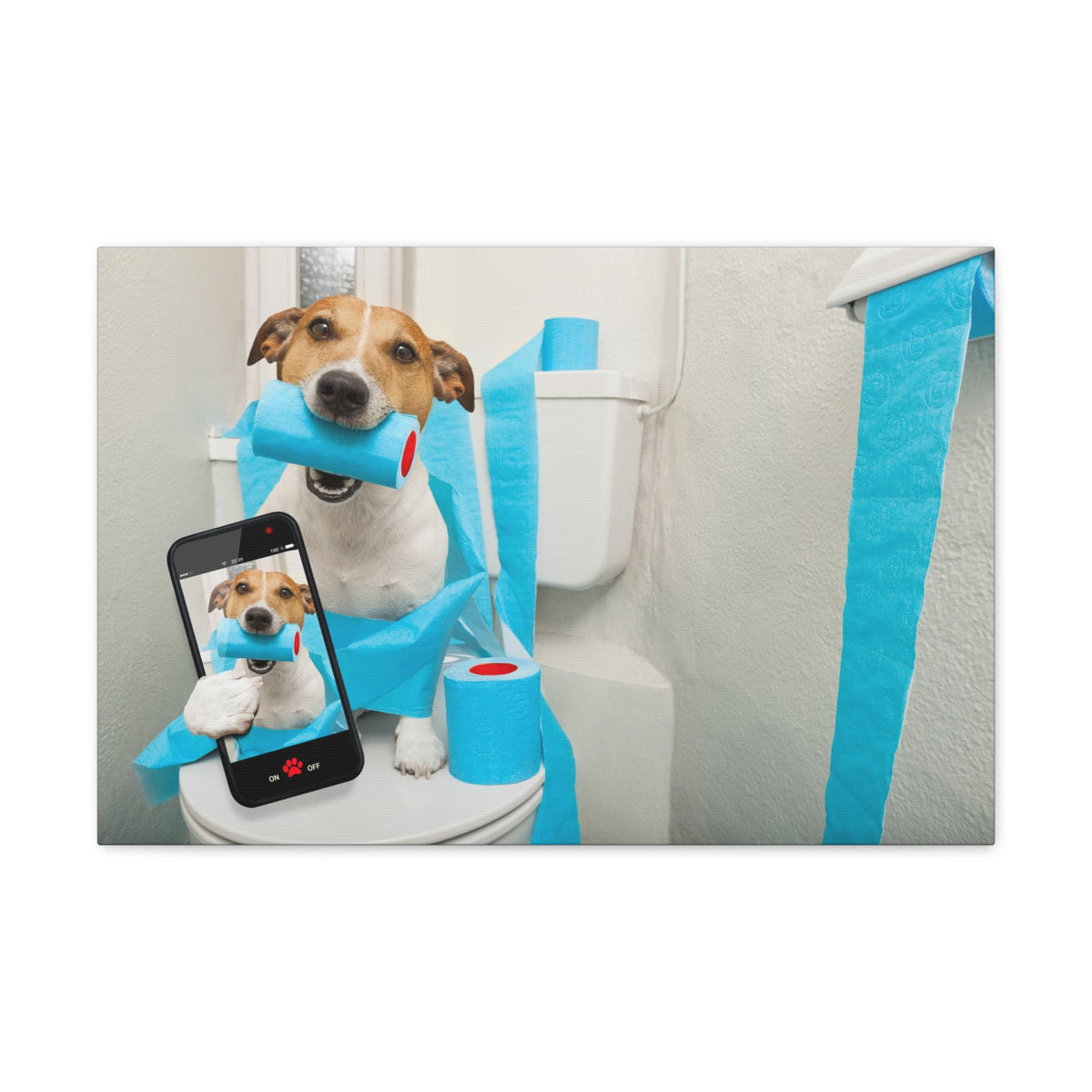 Jack Russell Terrier Holding Phone On Toilet Funny Canvas Wall Art for Home Decor Ready-to-Hand-Express Your Love Gifts