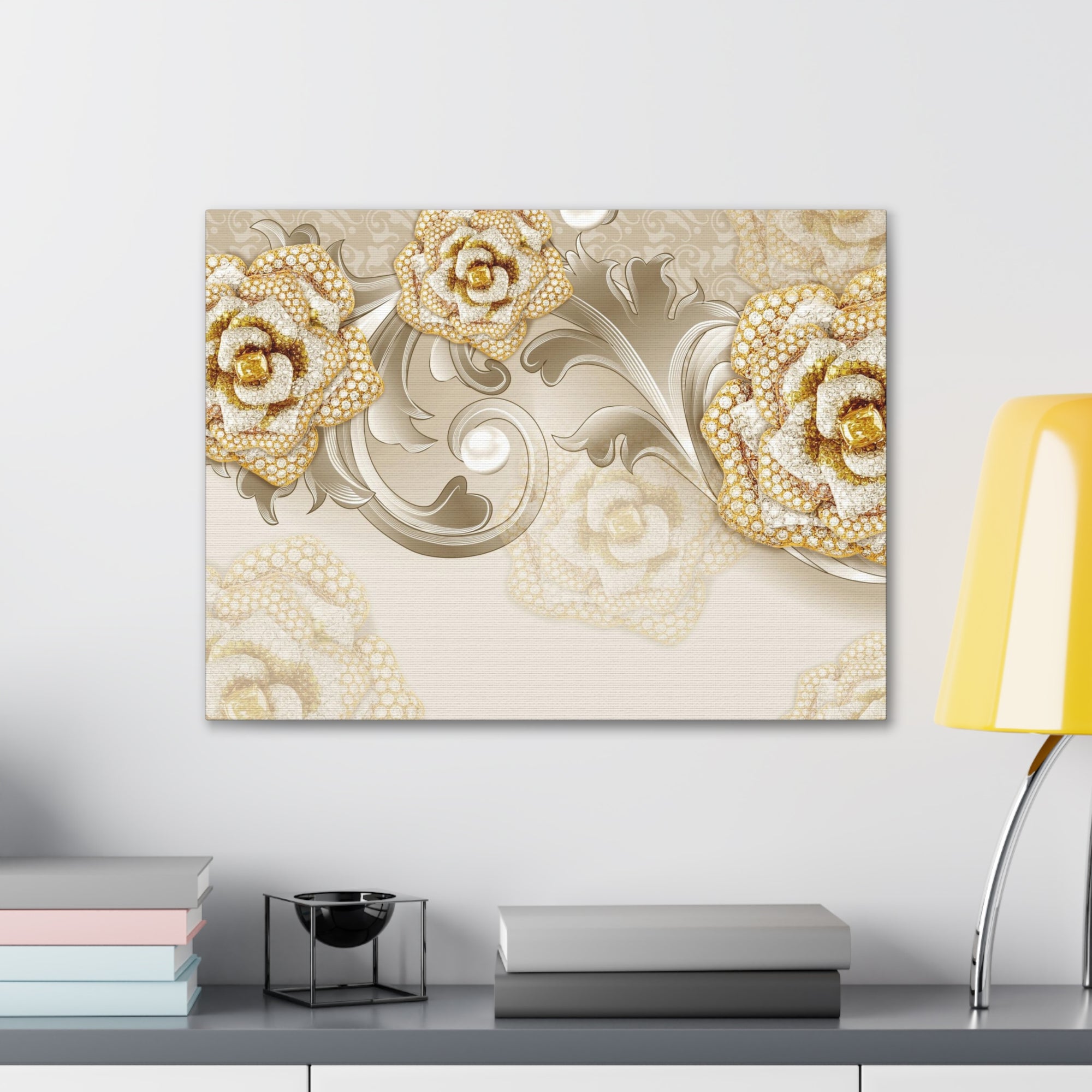 3D Gold And Gray Floral Flower Canvas Wall Art for Home Decor Ready-to-Hang-Express Your Love Gifts