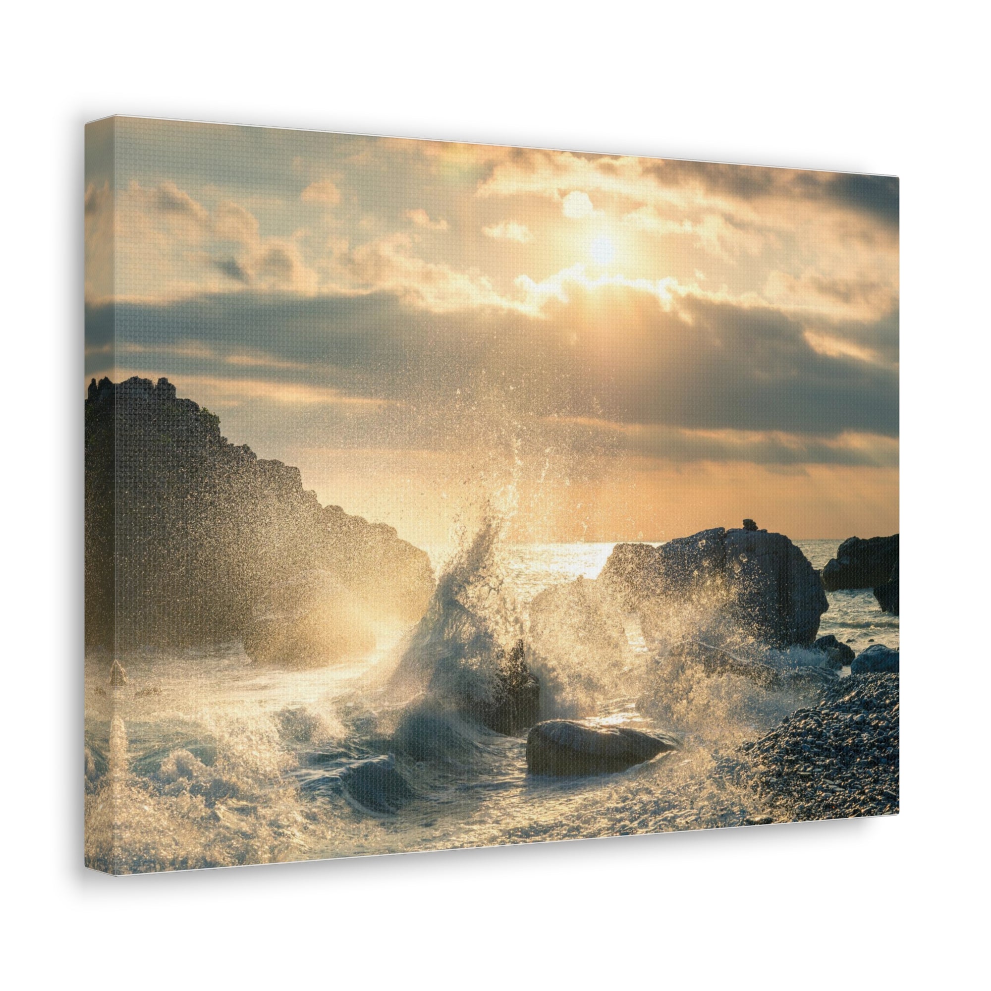 Big Wave Hit Rock At Beach Sunset Seascape Ocean Canvas Wall Art for Home Decor Ready-to-Hang-Express Your Love Gifts