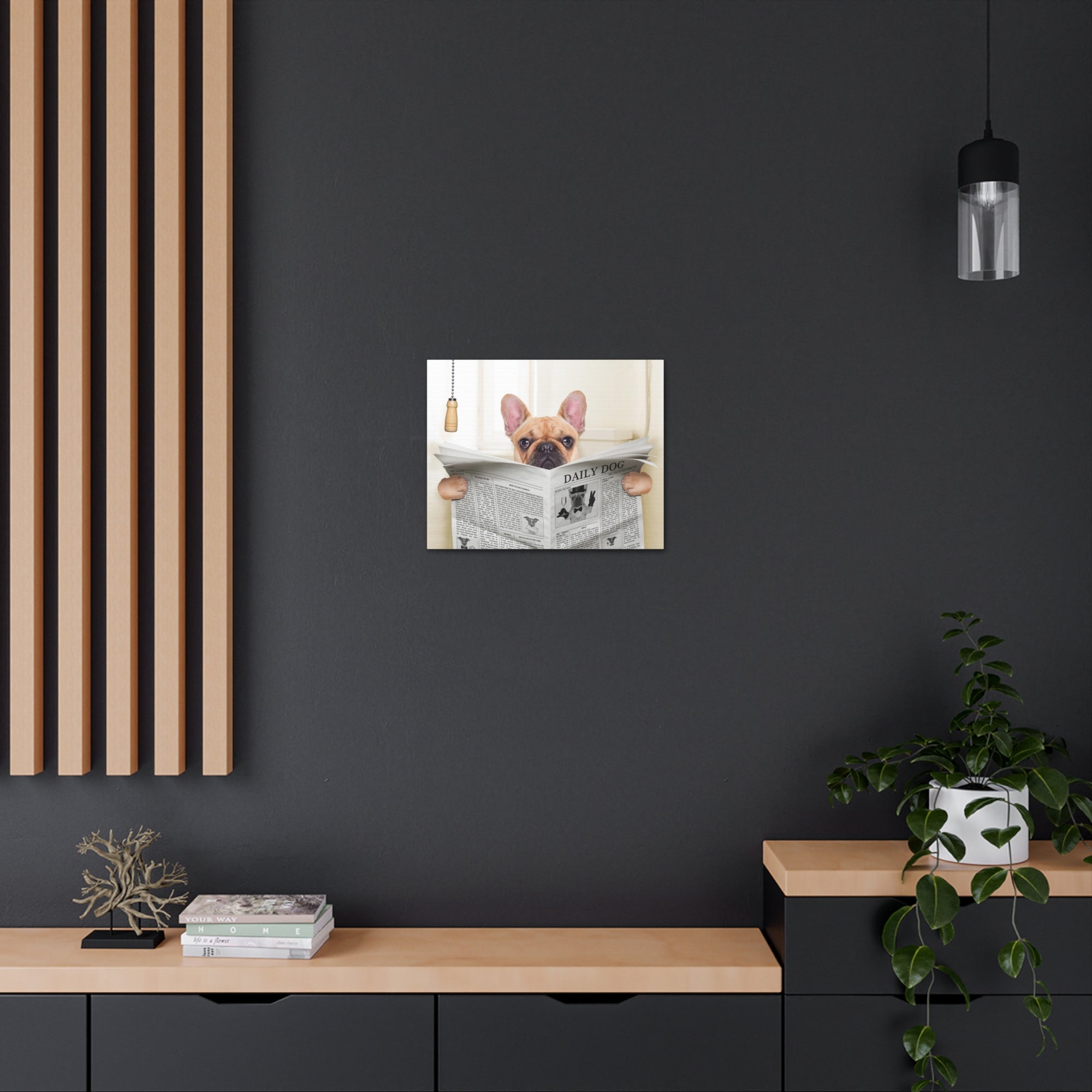 Fawn French Bulldog Reading Newspaper On Toilet Funny Canvas Wall Art for Home Decor Ready-to-Hand-Express Your Love Gifts