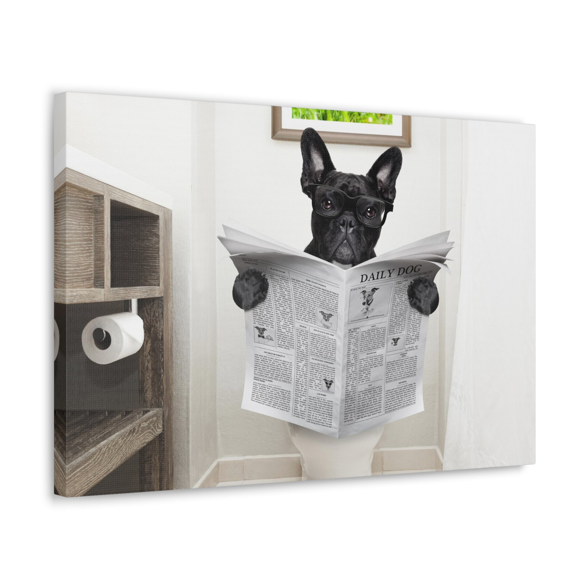 French Bulldog Reading Newspaper On Toilet Funny Canvas Wall Art for Home Decor Ready-to-Hand-Express Your Love Gifts