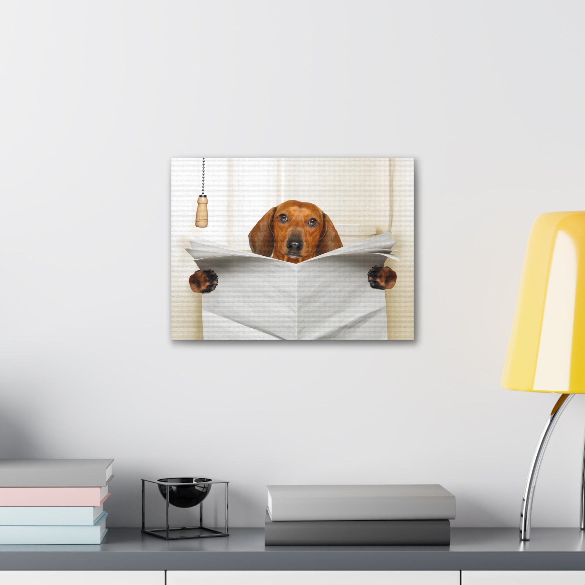 Funny Sausage Dachshund Reading Blank Paper On Toilet Funny Canvas Wall Art for Home Decor Ready-to-Hand-Express Your Love Gifts