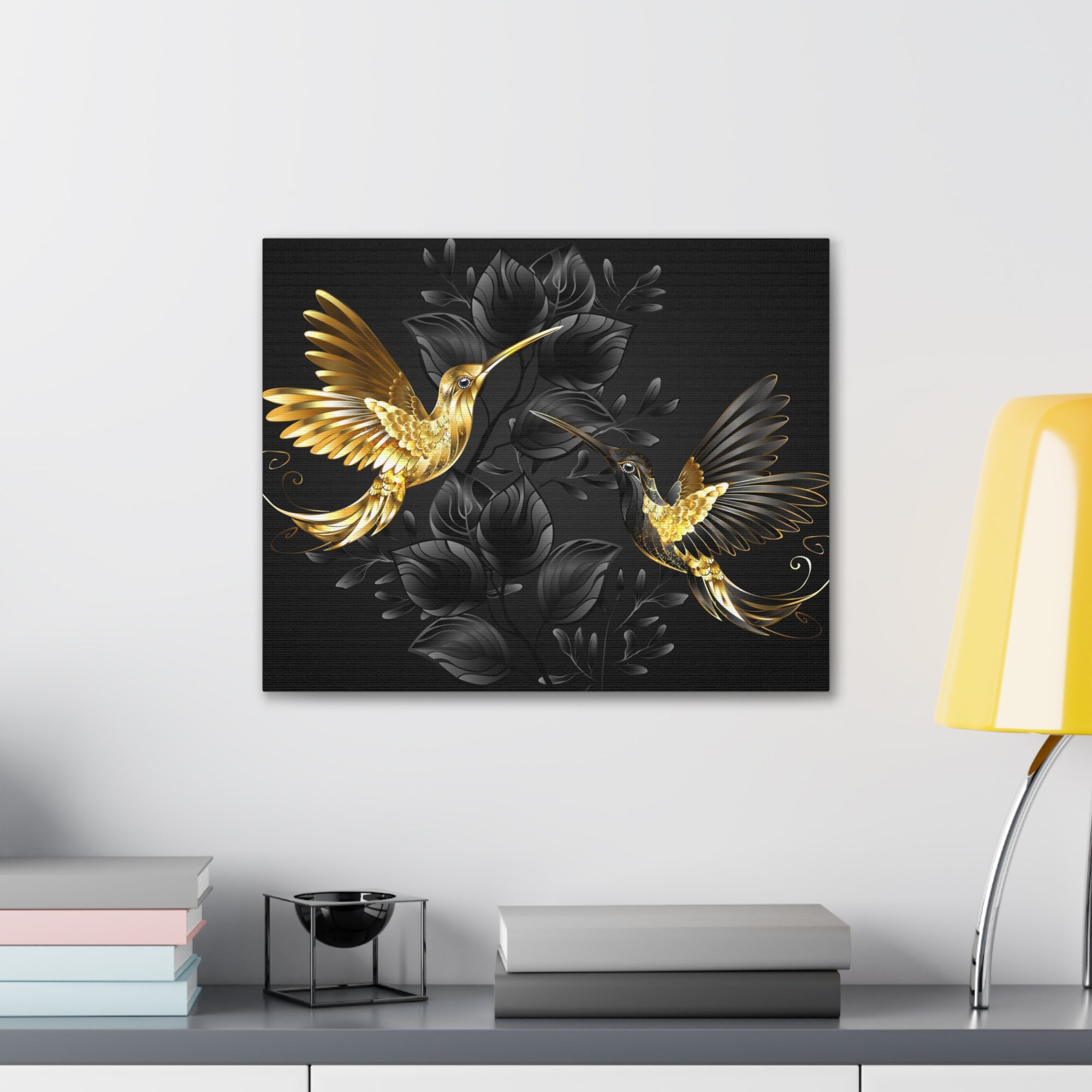 Black Gold Jewelry Hummingbirds With Flowers Canvas Wall Art for Home Decor Ready-to-Hang-Express Your Love Gifts