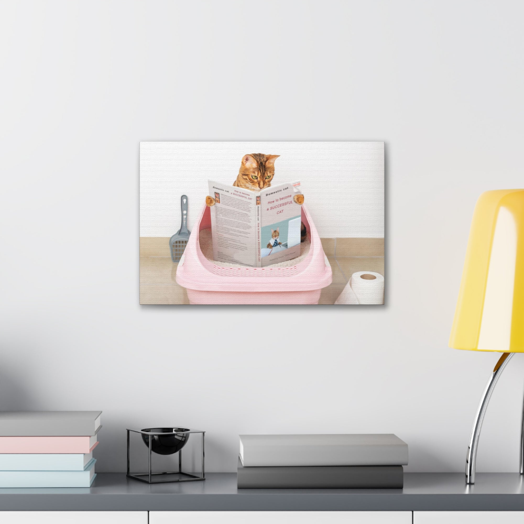 Brown Cat Reading A Book Sitting On Toilet Funny Canvas Wall Art for Home Decor Ready-to-Hand-Express Your Love Gifts