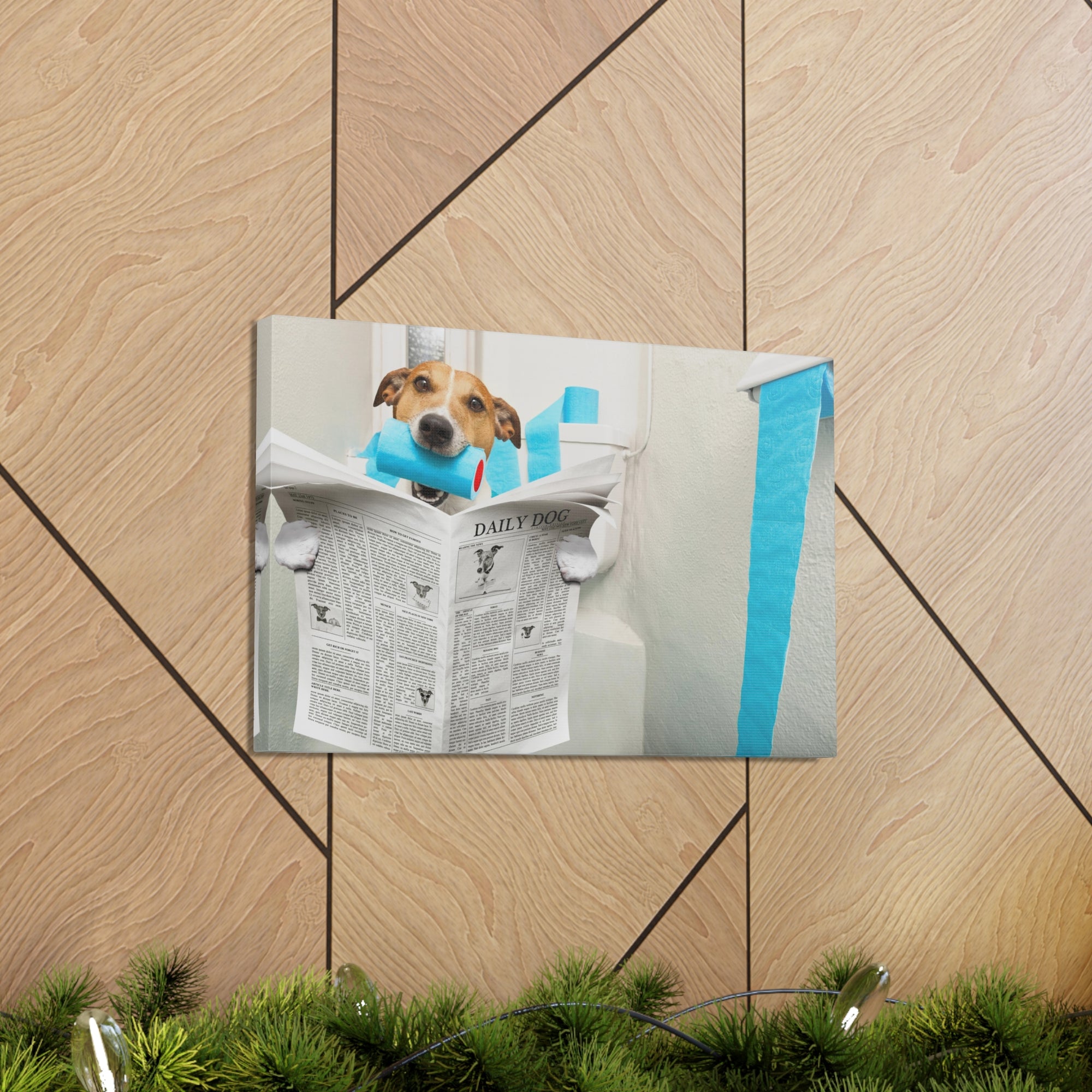 Jack Russell Terrier Biting Tissue Reading Newspaper On Toilet Funny Canvas Wall Art for Home Decor Ready-to-Hand-Express Your Love Gifts