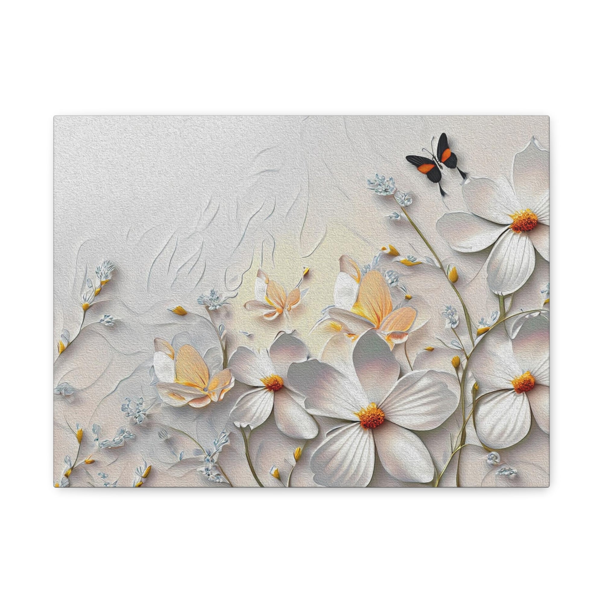 3D Abstract Small And Large White Flowers With Butterflies Oil Painting Canvas Wall Art for Home Decor Ready-to-Hang-Express Your Love Gifts