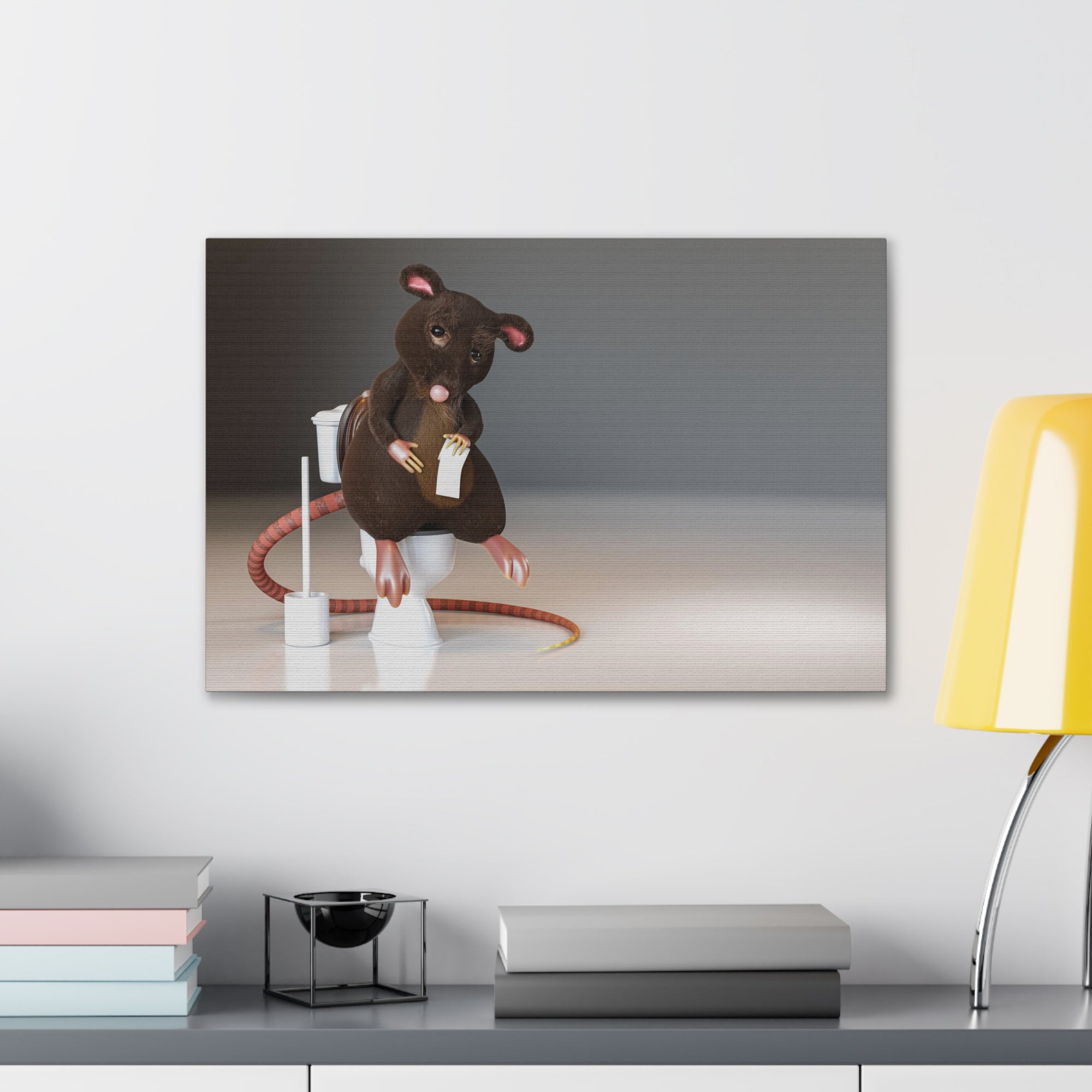 Cute Rat Holding Paper Roll Sitting On Toilet Funny Canvas Wall Art for Home Decor Ready-to-Hand-Express Your Love Gifts