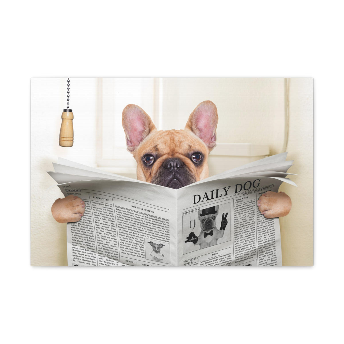 Fawn French Bulldog Reading Newspaper On Toilet Funny Canvas Wall Art for Home Decor Ready-to-Hand-Express Your Love Gifts