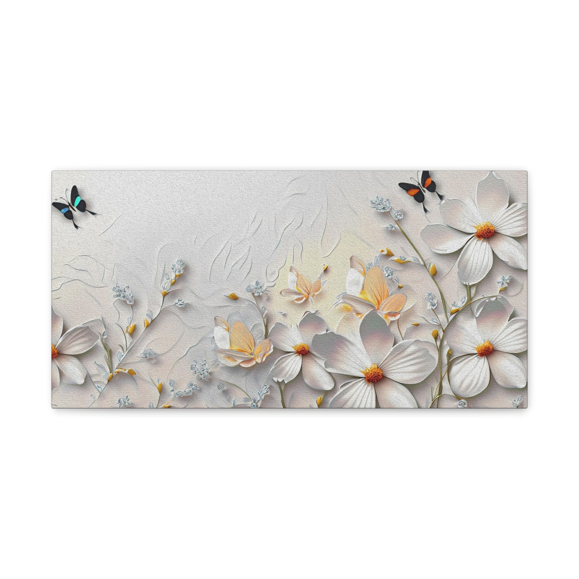 3D Abstract Small And Large White Flowers With Butterflies Oil Painting Canvas Wall Art for Home Decor Ready-to-Hang-Express Your Love Gifts