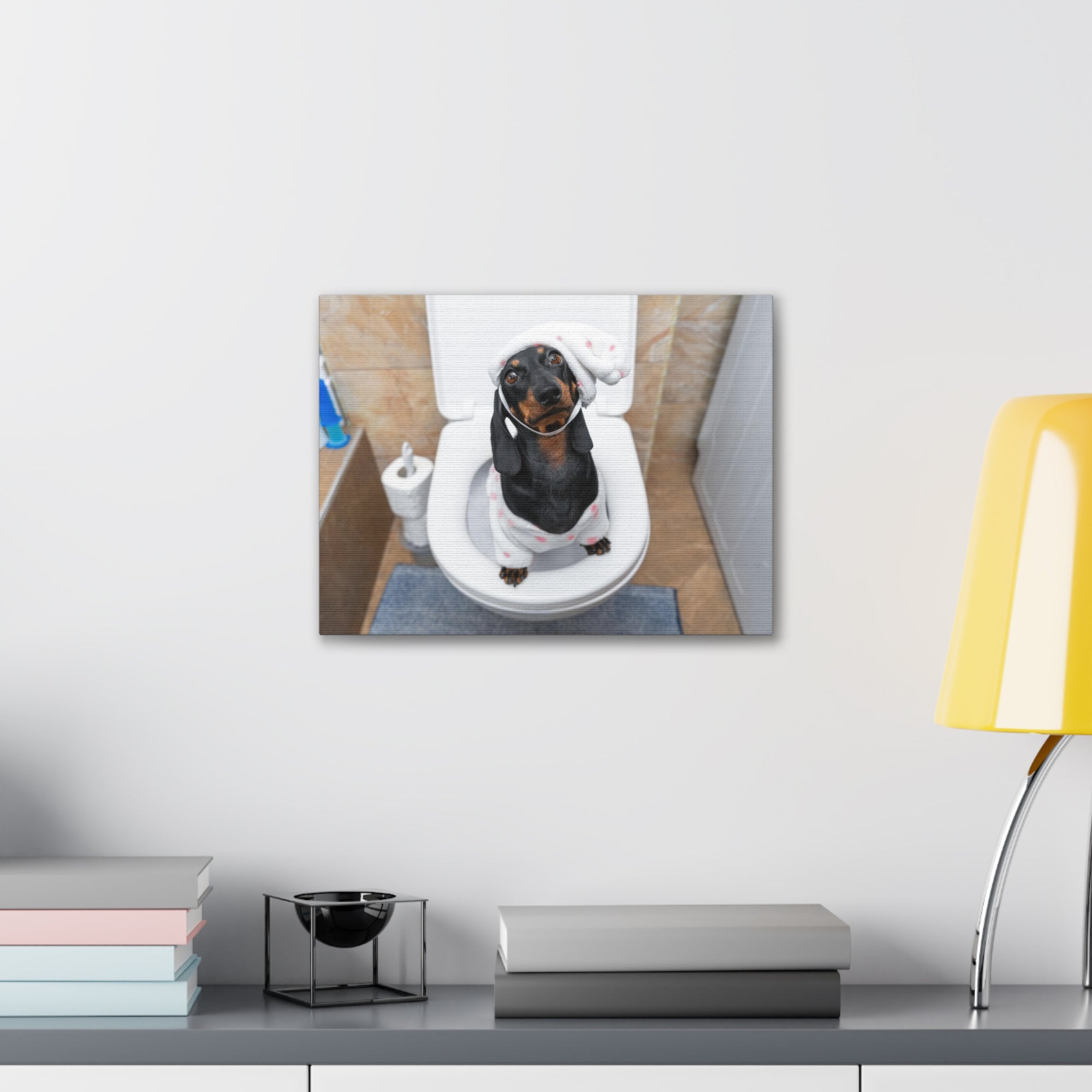 Dachshund Toilet Training In Pajamas On Toilet Funny Canvas Wall Art for Home Decor Ready-to-Hand-Express Your Love Gifts