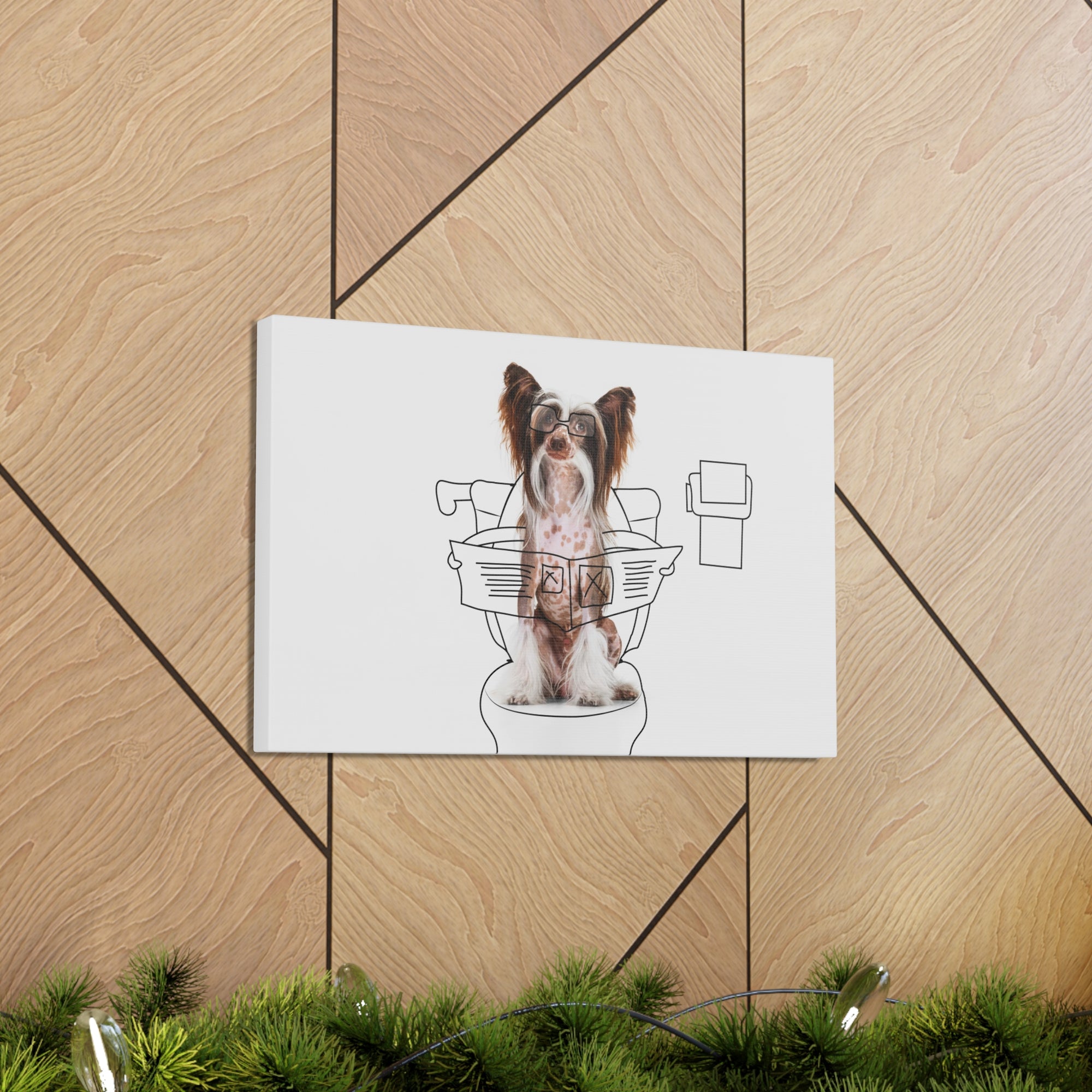 Chinese Crested Reading Newspaper On Toilet Funny Canvas Wall Art for Home Decor Ready-to-Hand-Express Your Love Gifts