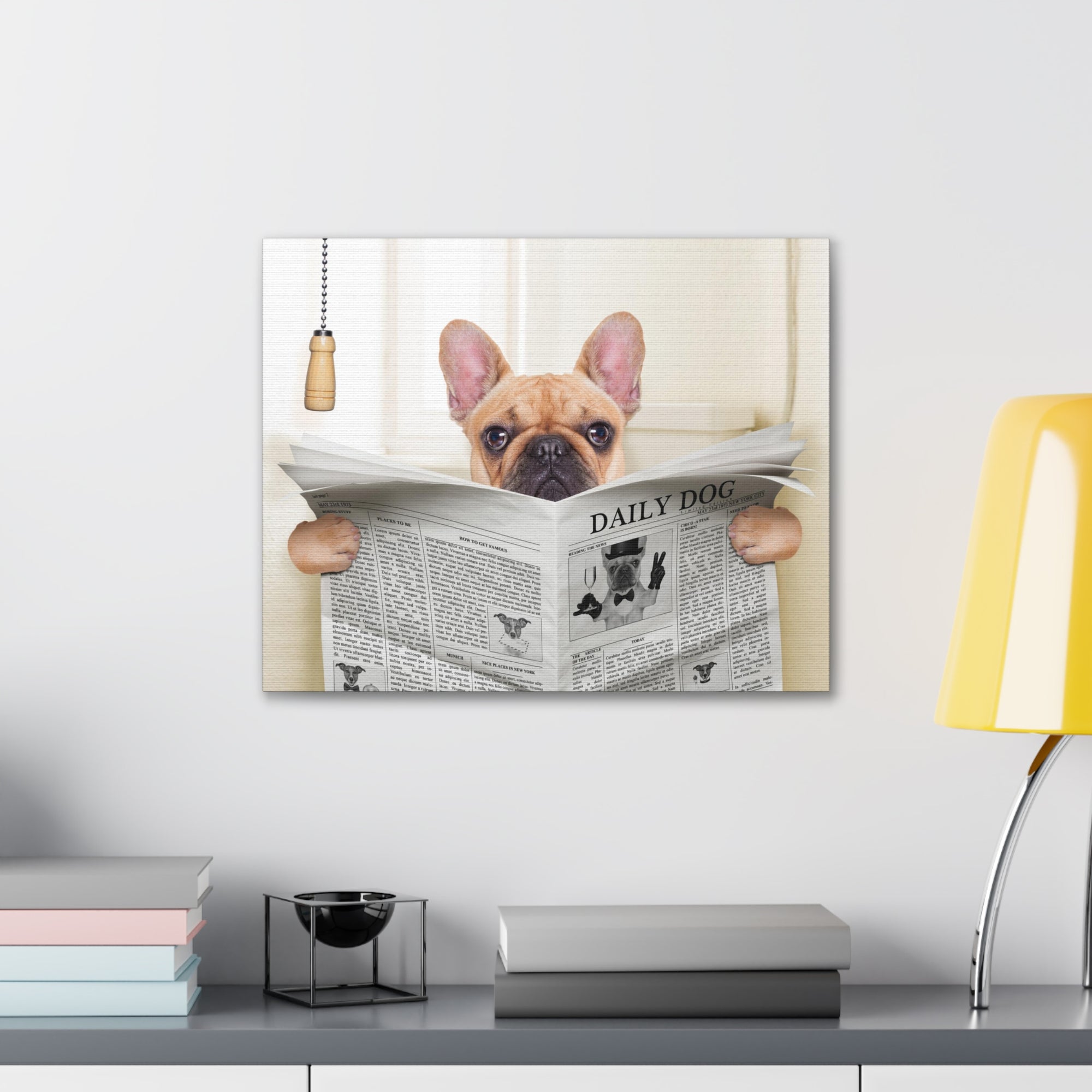 Fawn French Bulldog Reading Newspaper On Toilet Funny Canvas Wall Art for Home Decor Ready-to-Hand-Express Your Love Gifts