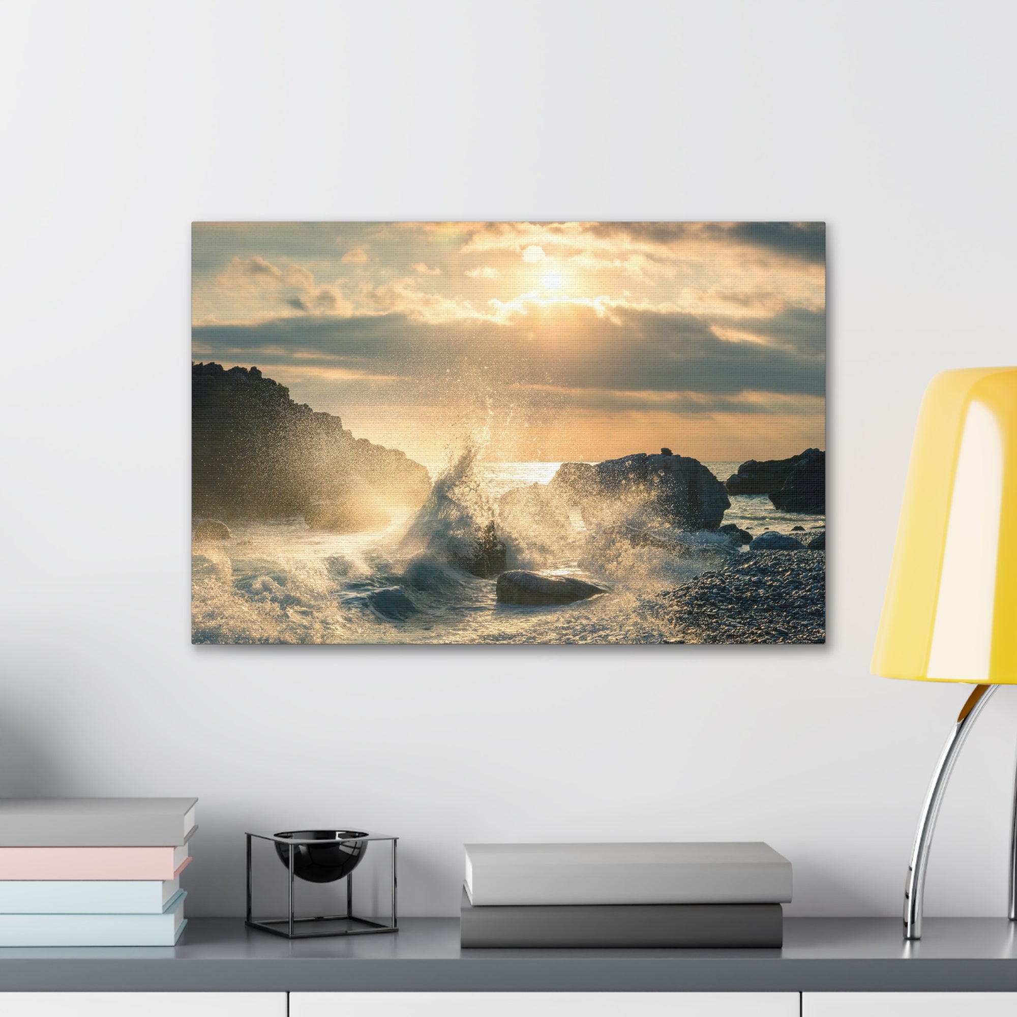 Big Wave Hit Rock At Beach Sunset Seascape Ocean Canvas Wall Art for Home Decor Ready-to-Hang-Express Your Love Gifts