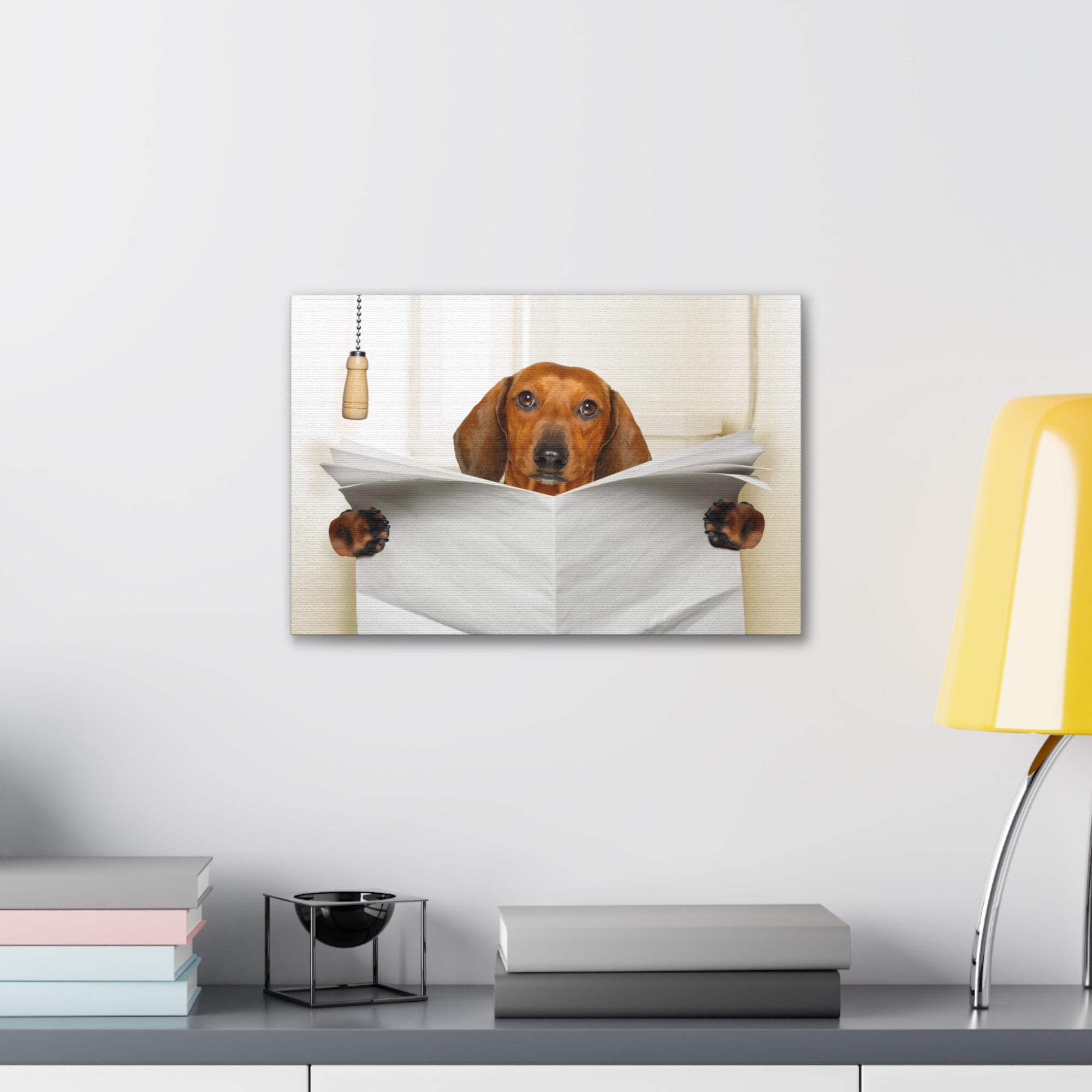 Funny Sausage Dachshund Reading Blank Paper On Toilet Funny Canvas Wall Art for Home Decor Ready-to-Hand-Express Your Love Gifts