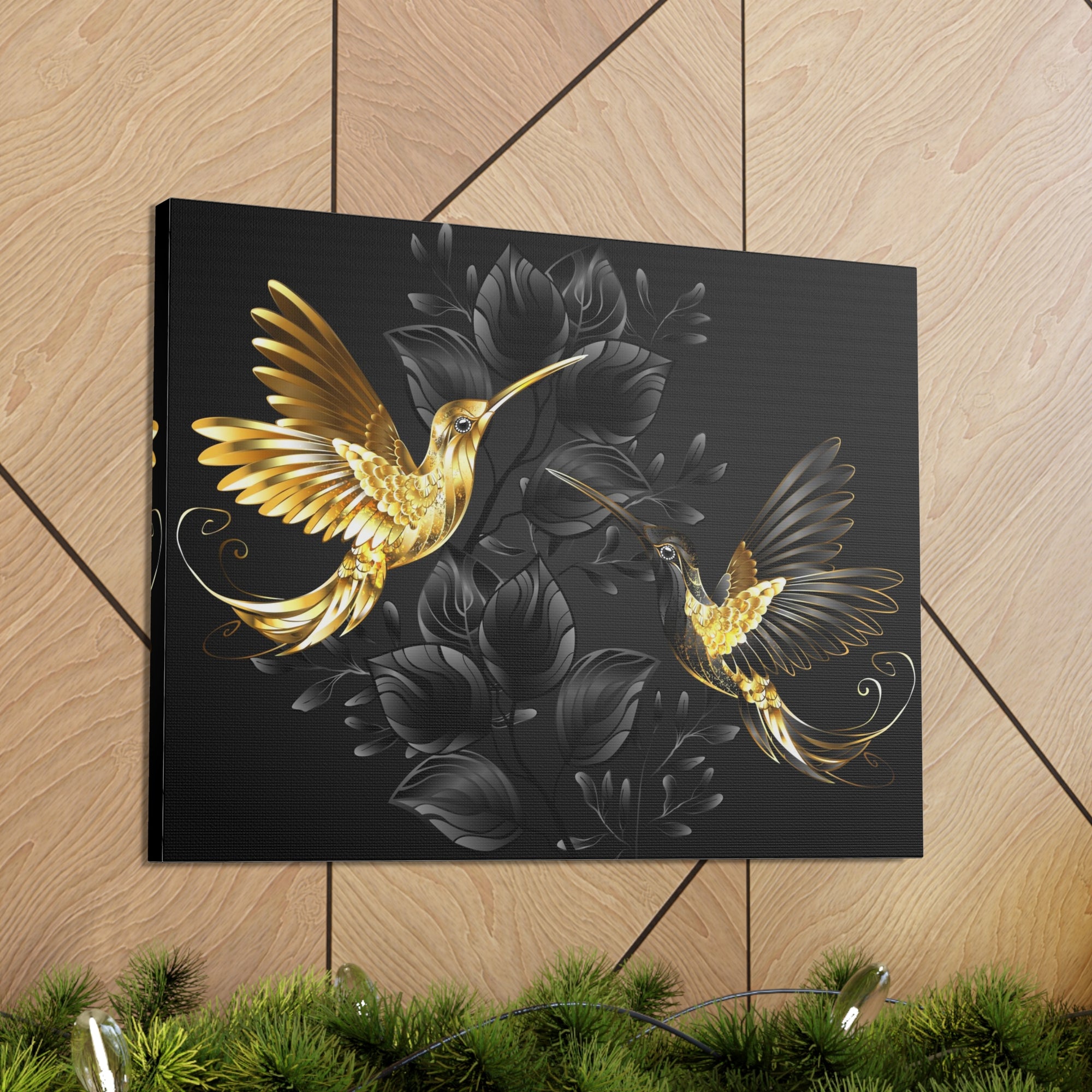 Black Gold Jewelry Hummingbirds With Flowers Canvas Wall Art for Home Decor Ready-to-Hang-Express Your Love Gifts