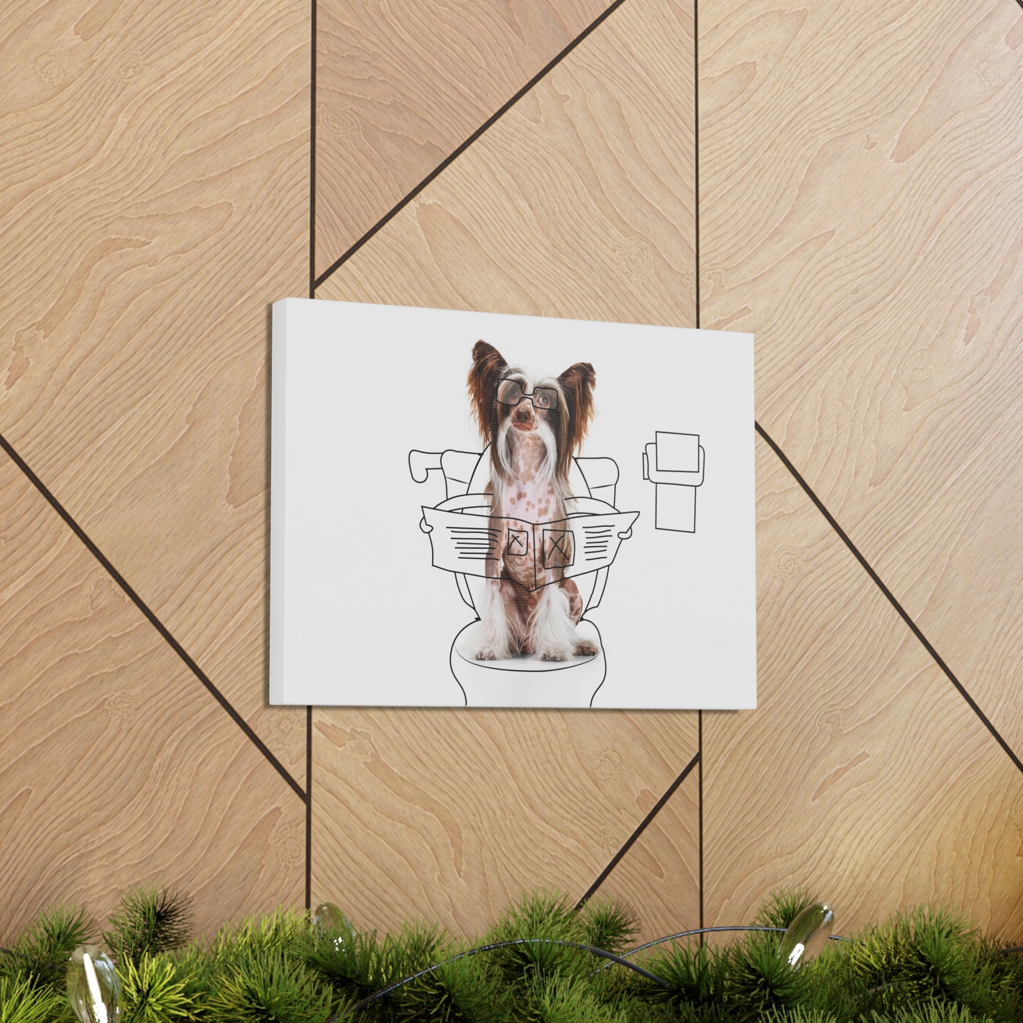 Chinese Crested Reading Newspaper On Toilet Funny Canvas Wall Art for Home Decor Ready-to-Hand-Express Your Love Gifts