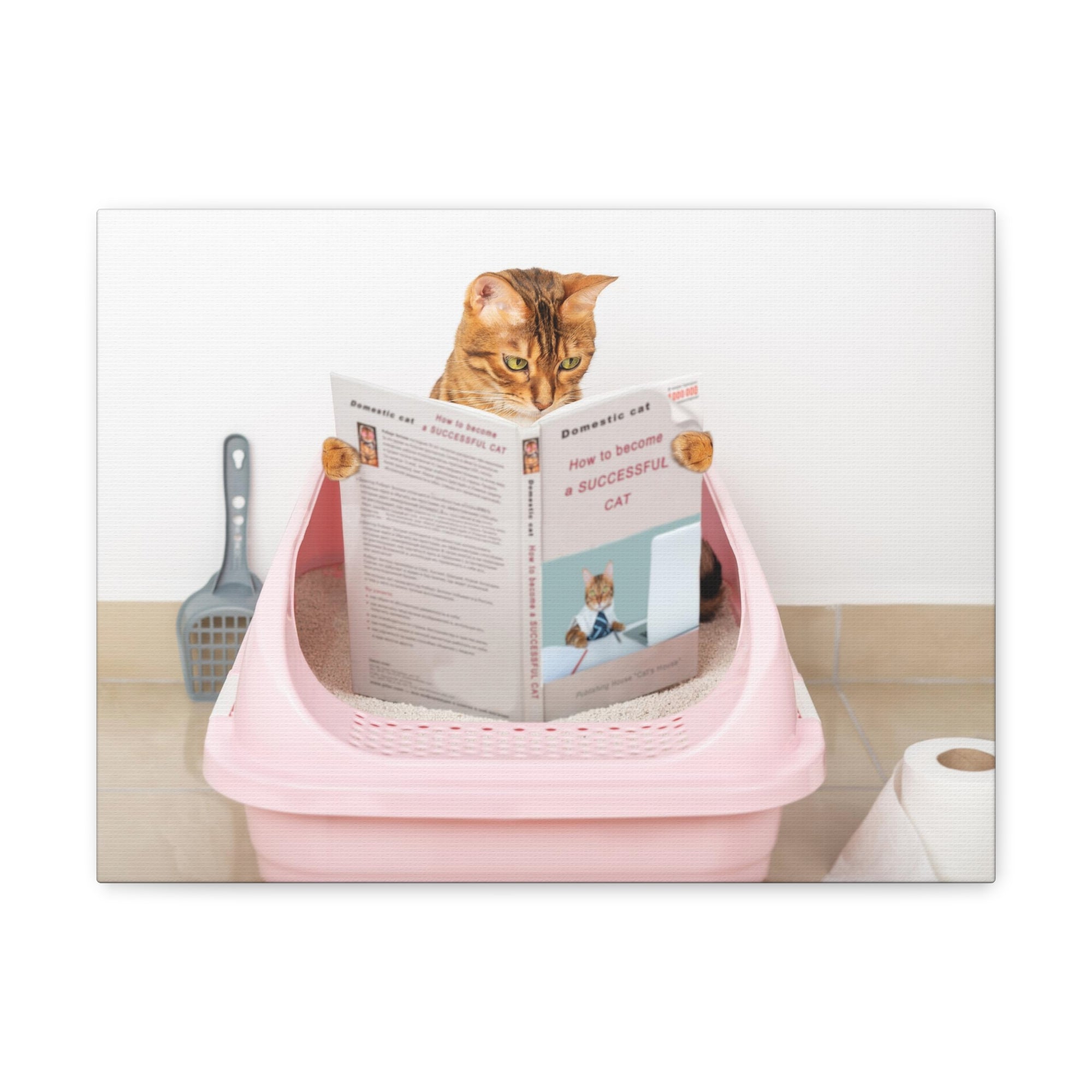 Brown Cat Reading A Book Sitting On Toilet Funny Canvas Wall Art for Home Decor Ready-to-Hand-Express Your Love Gifts