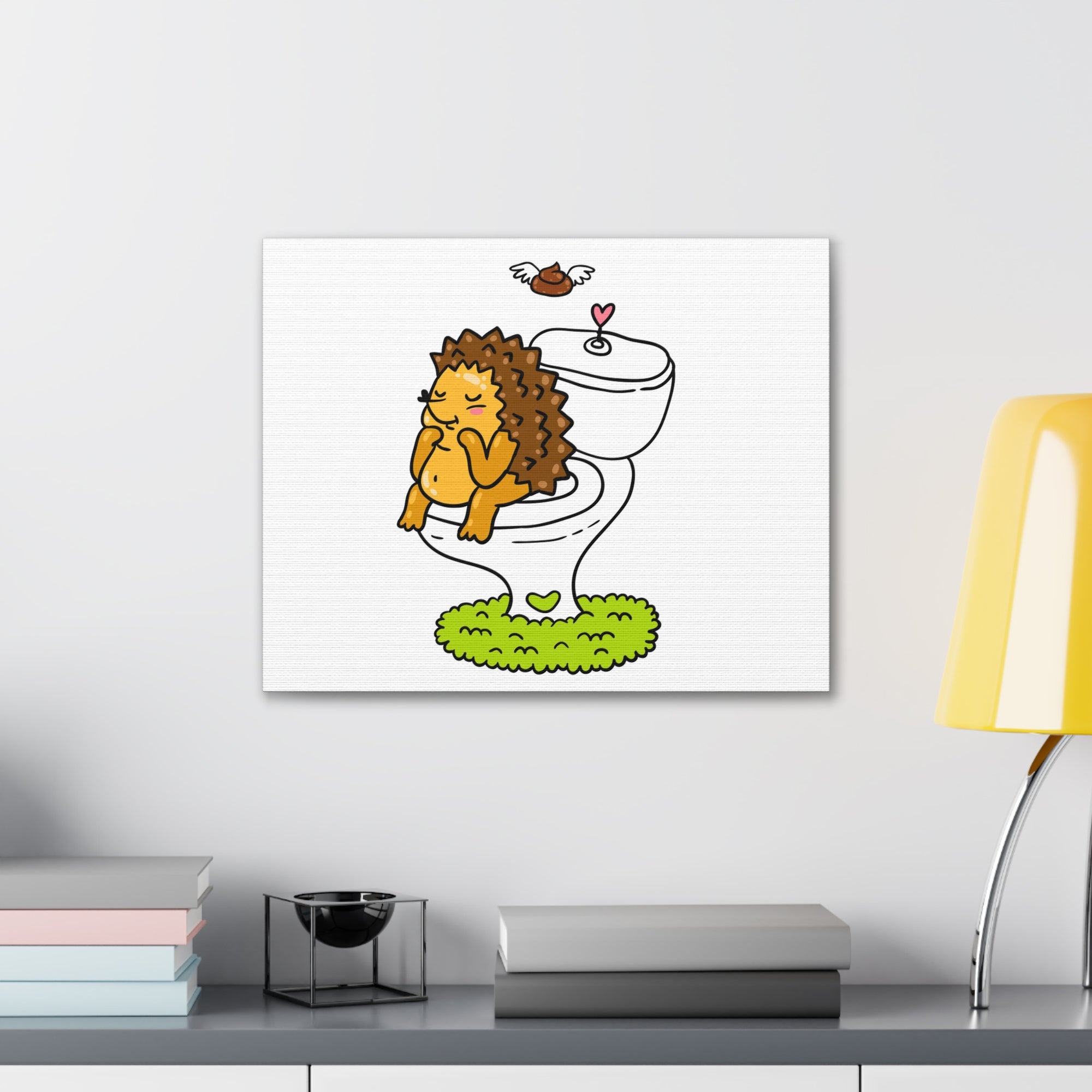 Cute Little Hedgehog Sitting On Toilet Funny Canvas Wall Art for Home Decor Ready-to-Hand-Express Your Love Gifts