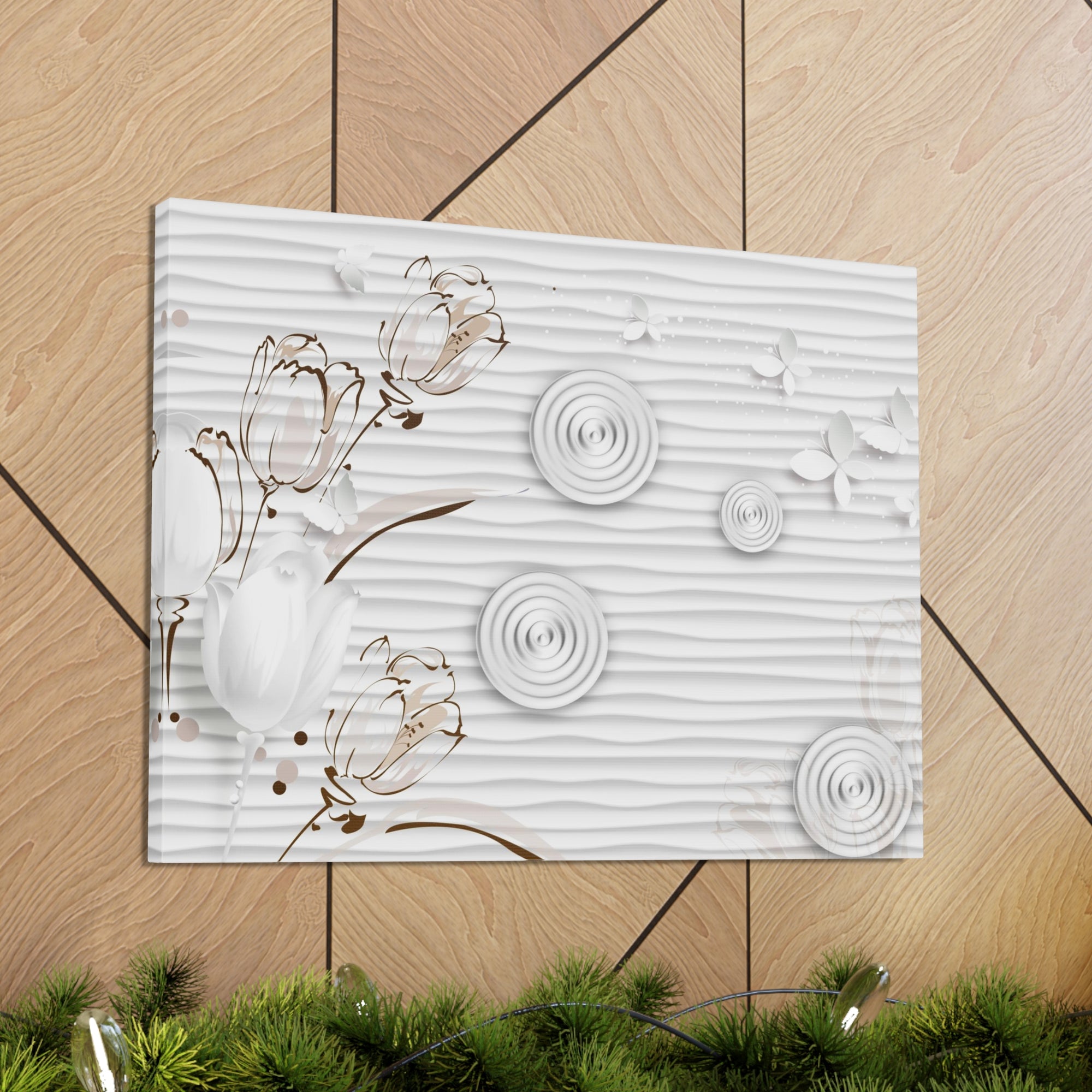 3D White And Beige Tulips White Paper Butterflies Flower Canvas Wall Art for Home Decor Ready-to-Hang-Express Your Love Gifts