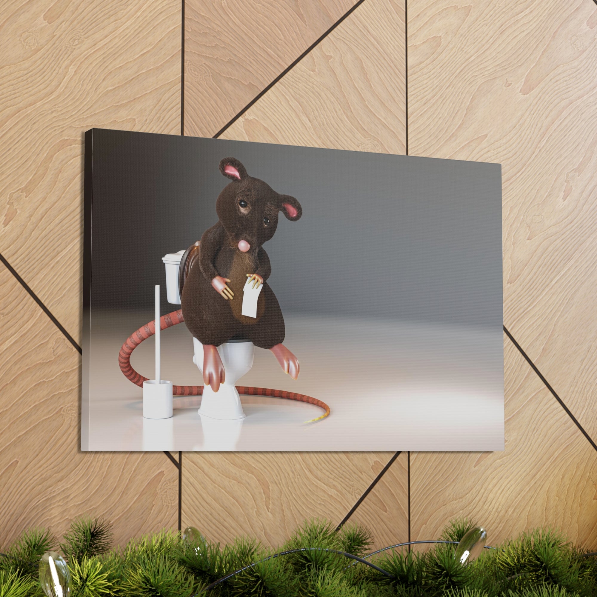 Cute Rat Holding Paper Roll Sitting On Toilet Funny Canvas Wall Art for Home Decor Ready-to-Hand-Express Your Love Gifts