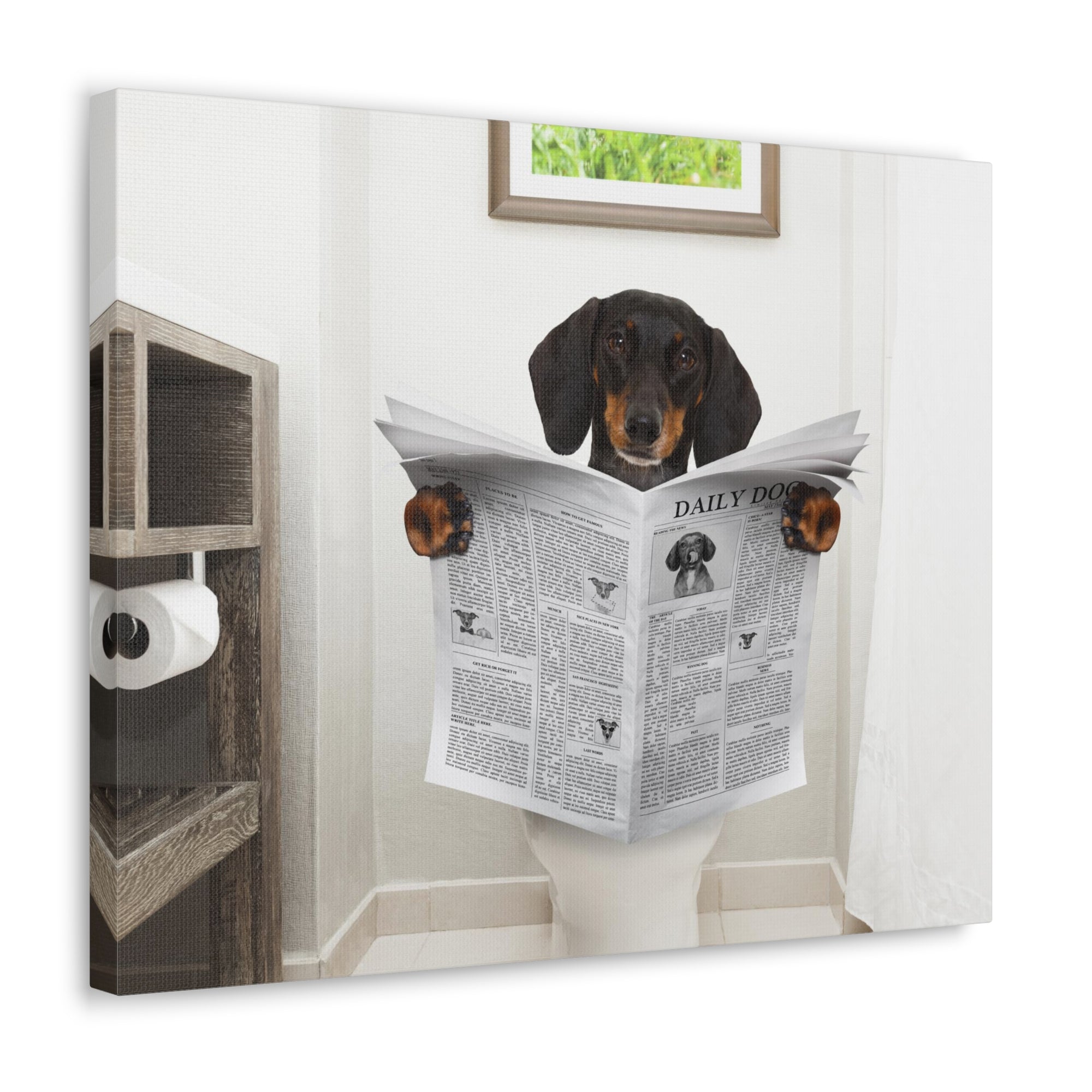 Dachshund Or Sausage Dog Reading Newspaper On Toilet Funny Canvas Wall Art for Home Decor Ready-to-Hand-Express Your Love Gifts