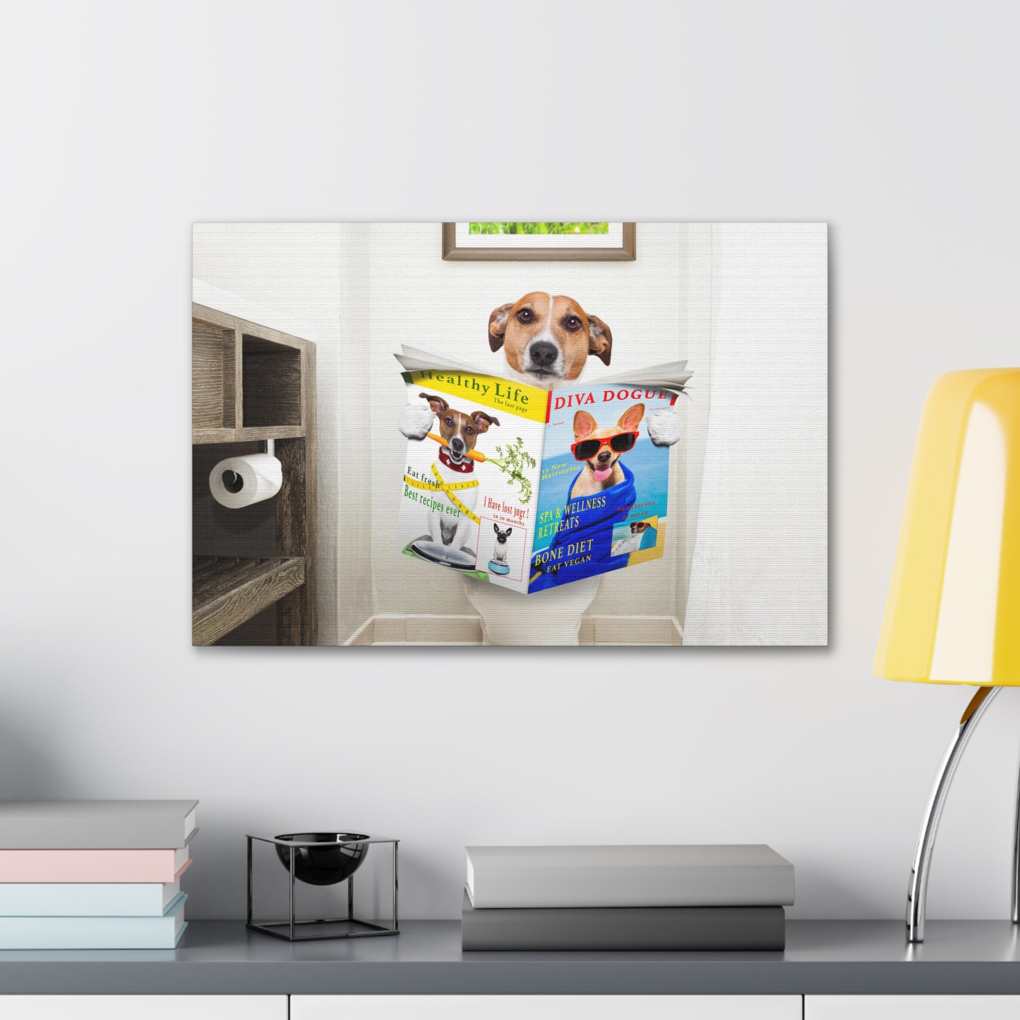 Jack Russell Terrier Reading Magazine On Toilet Funny Canvas Wall Art for Home Decor Ready-to-Hand-Express Your Love Gifts