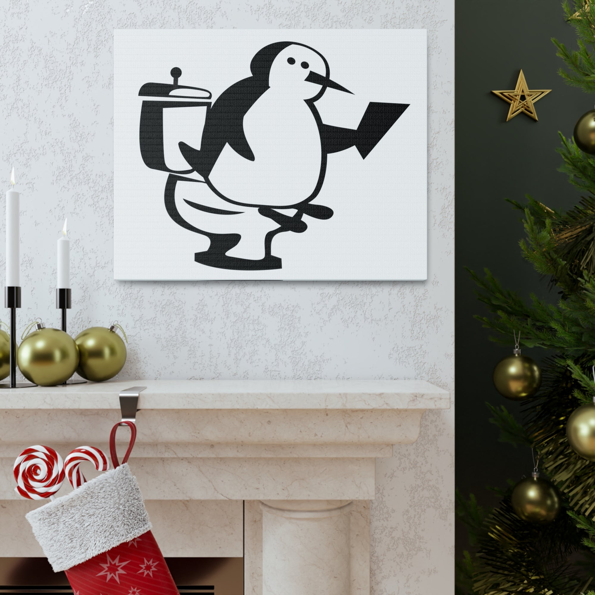 Cartoon Penguin Reading Newspaper On Toilet Funny Canvas Wall Art for Home Decor Ready-to-Hand-Express Your Love Gifts