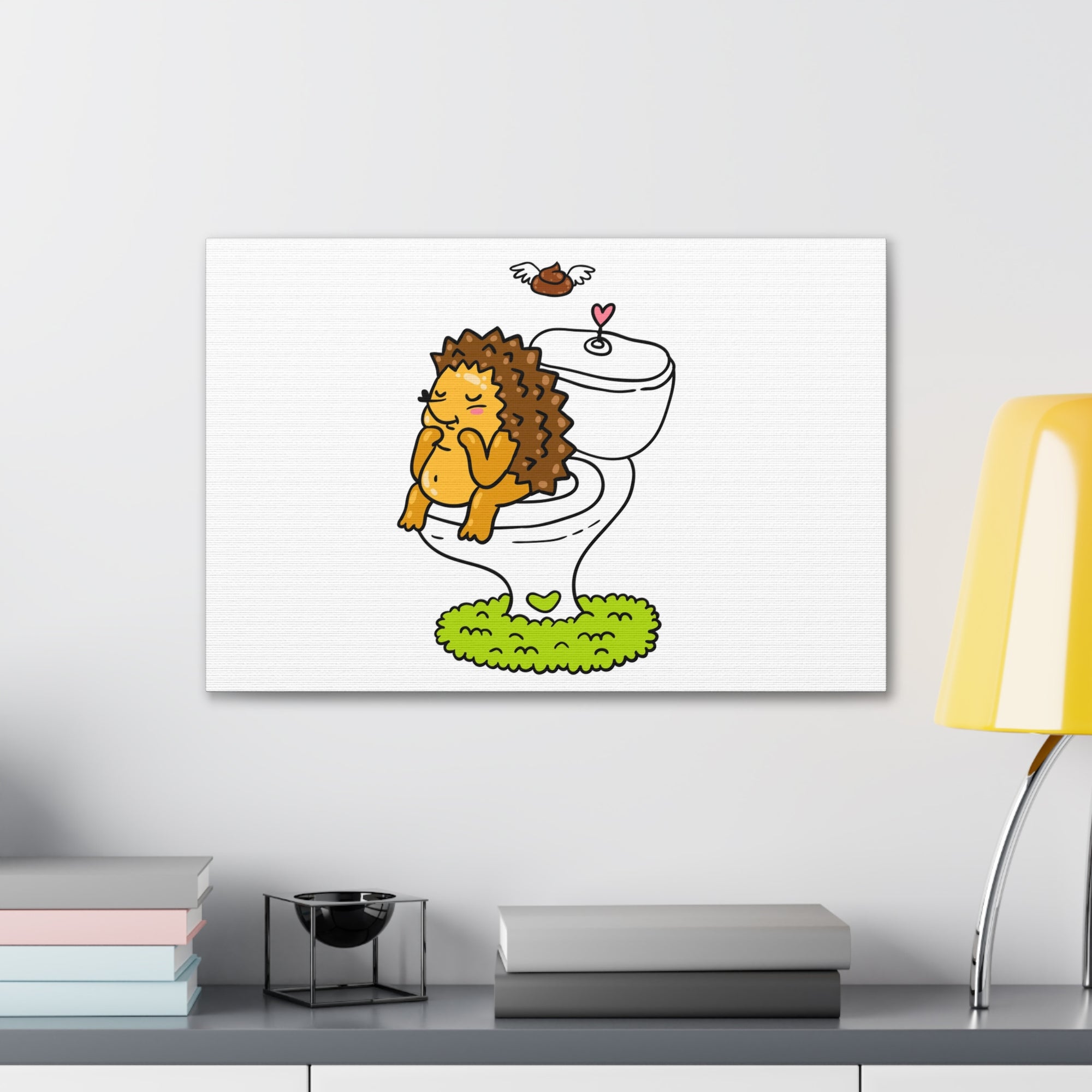 Cute Little Hedgehog Sitting On Toilet Funny Canvas Wall Art for Home Decor Ready-to-Hand-Express Your Love Gifts