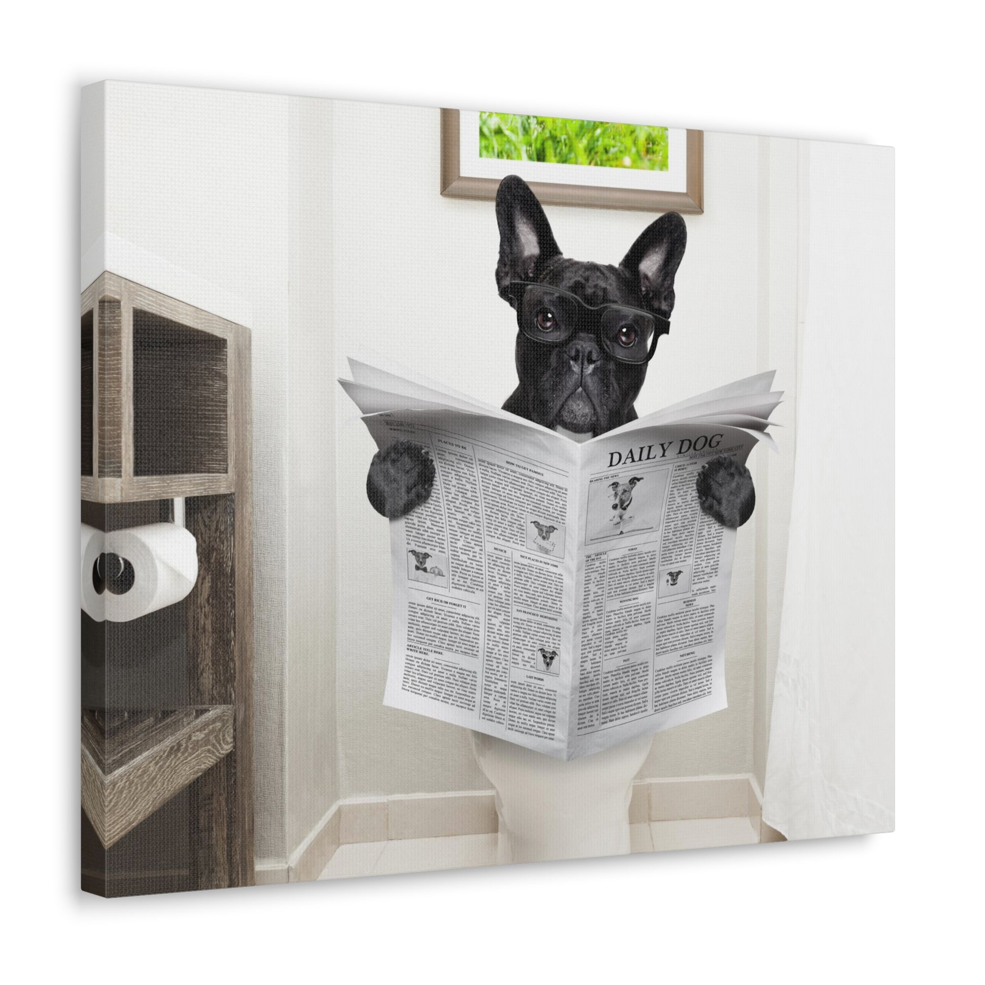 French Bulldog Reading Newspaper On Toilet Funny Canvas Wall Art for Home Decor Ready-to-Hand-Express Your Love Gifts