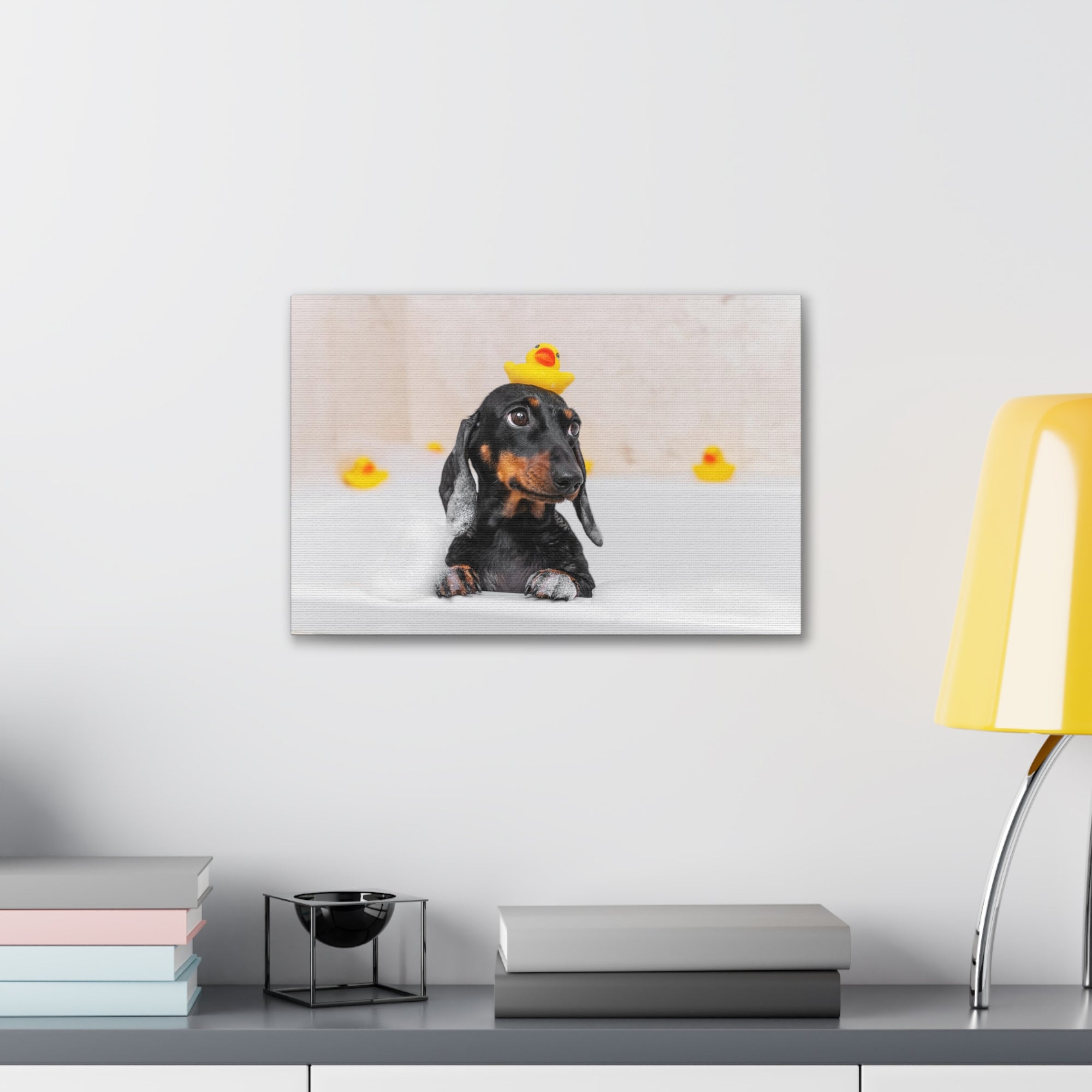 Dachshund In Bathtub With Yellow Duck On Toilet Funny Canvas Wall Art for Home Decor Ready-to-Hand-Express Your Love Gifts