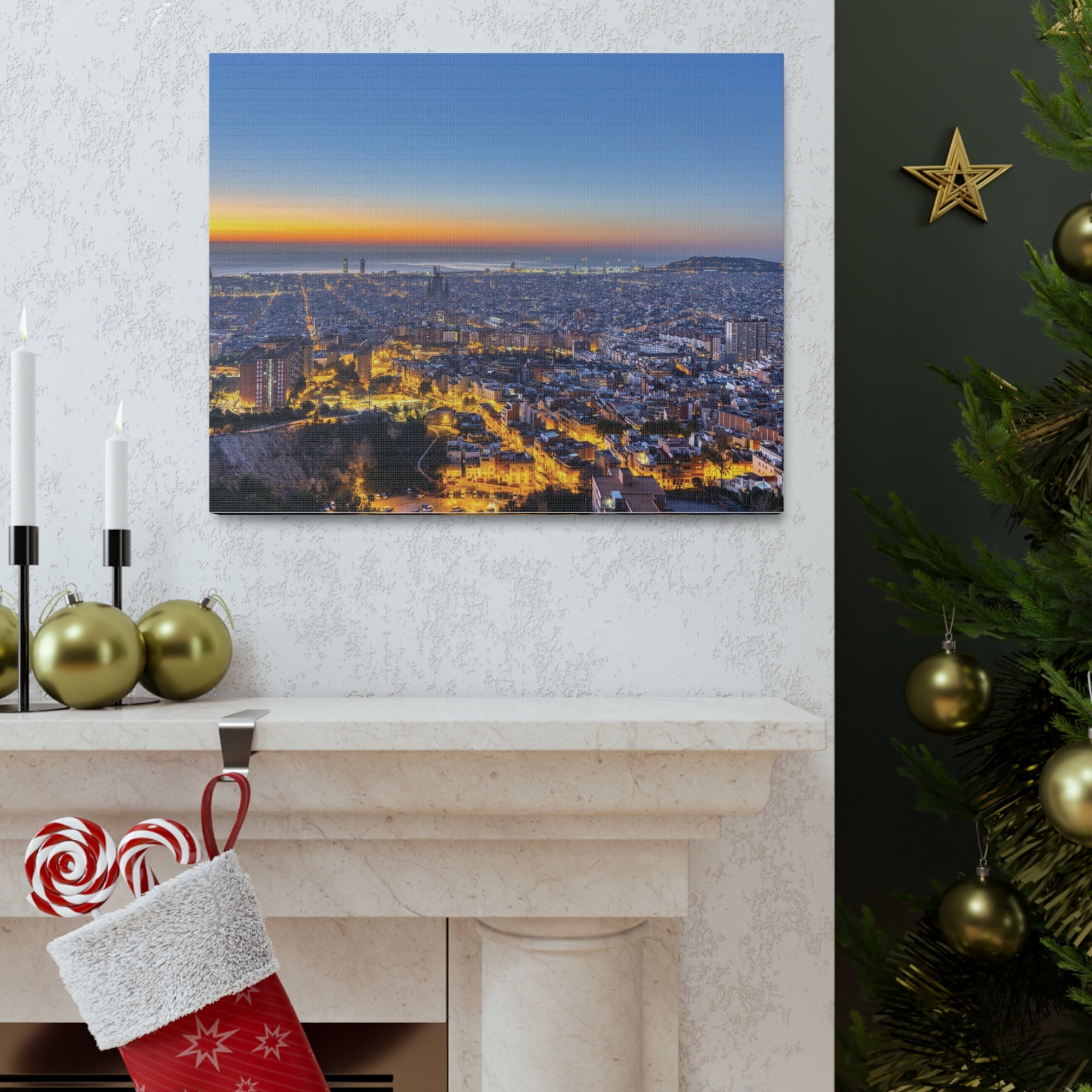 Barcelona Night Skyline Canvas Artwork High-Quality Breathtaking Stunning Cityscape for Home Decor Ready to Hang-Express Your Love Gifts