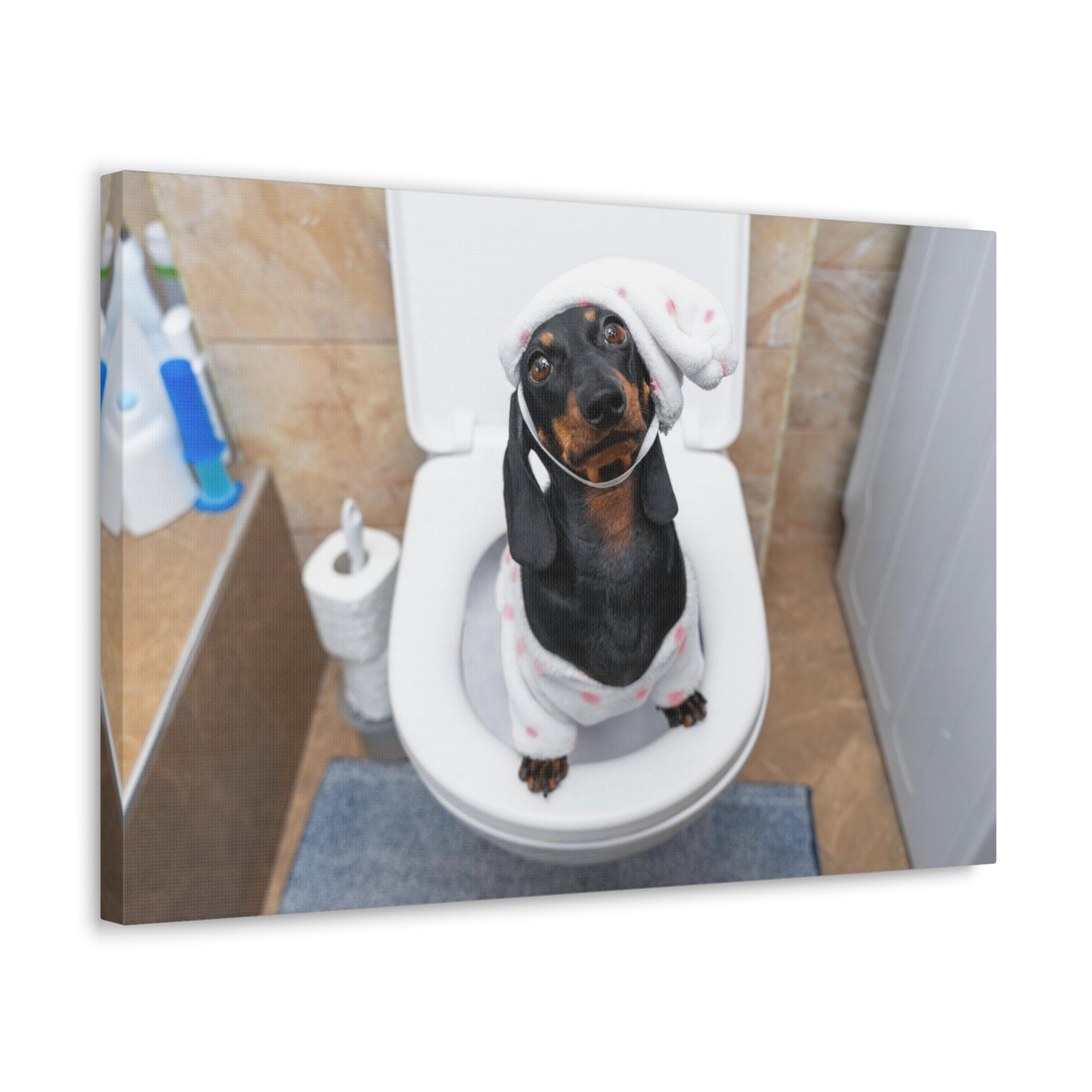 Dachshund Toilet Training In Pajamas On Toilet Funny Canvas Wall Art for Home Decor Ready-to-Hand-Express Your Love Gifts