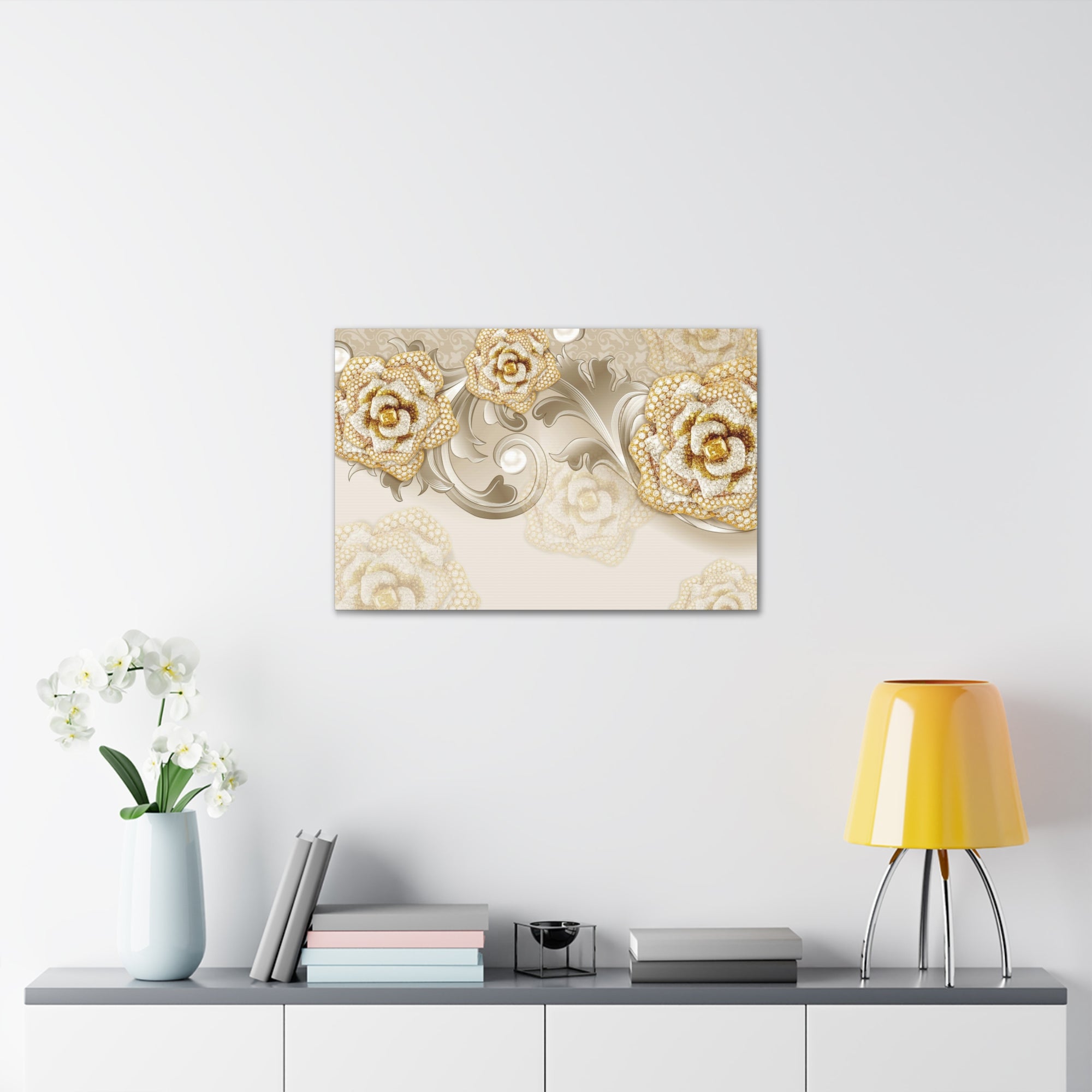 3D Gold And Gray Floral Flower Canvas Wall Art for Home Decor Ready-to-Hang-Express Your Love Gifts