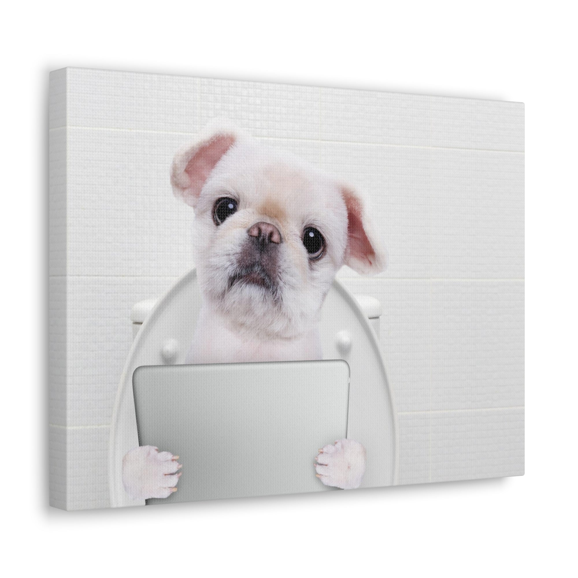 Cute Dog Holding Tablet PC Sitting On Toilet Funny Canvas Wall Art for Home Decor Ready-to-Hand-Express Your Love Gifts