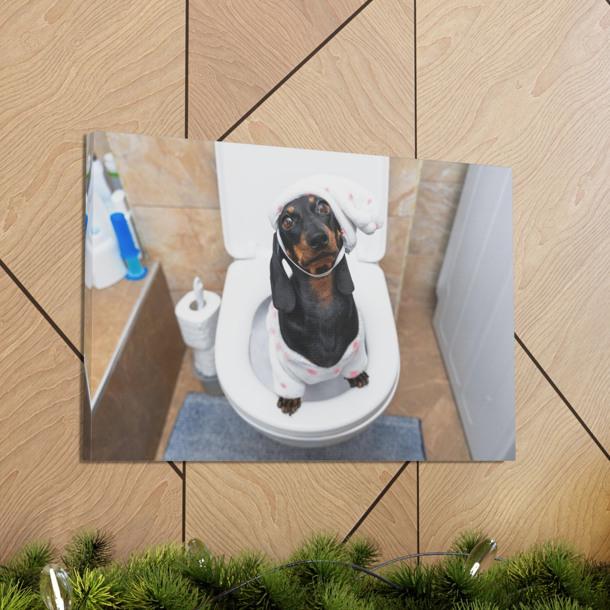 Dachshund Toilet Training In Pajamas On Toilet Funny Canvas Wall Art for Home Decor Ready-to-Hand-Express Your Love Gifts