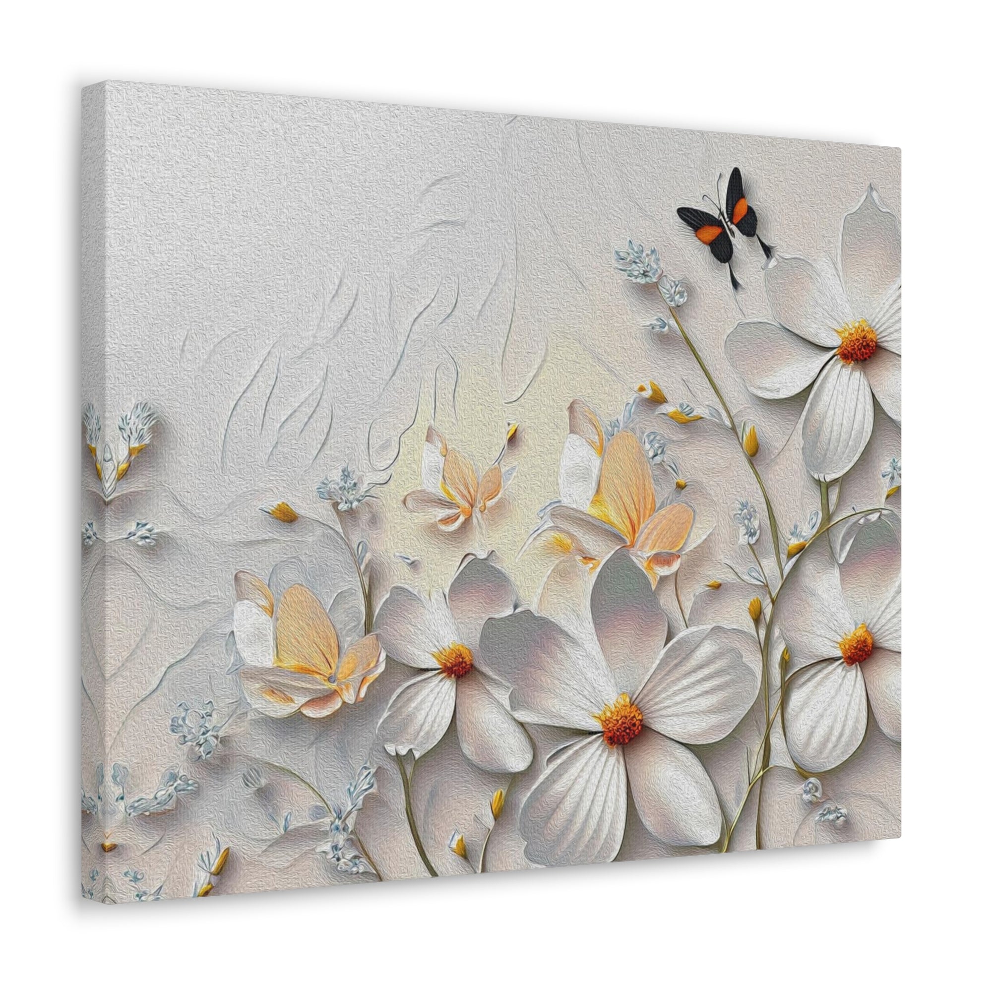 3D Abstract Small And Large White Flowers With Butterflies Oil Painting Canvas Wall Art for Home Decor Ready-to-Hang-Express Your Love Gifts