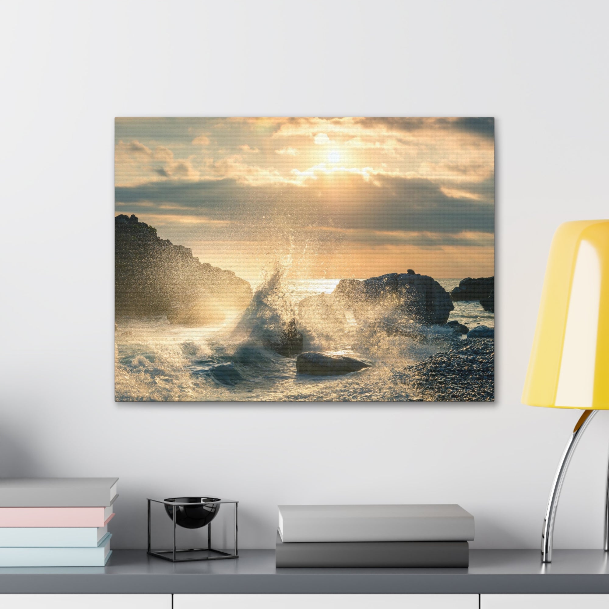 Big Wave Hit Rock At Beach Sunset Seascape Ocean Canvas Wall Art for Home Decor Ready-to-Hang-Express Your Love Gifts