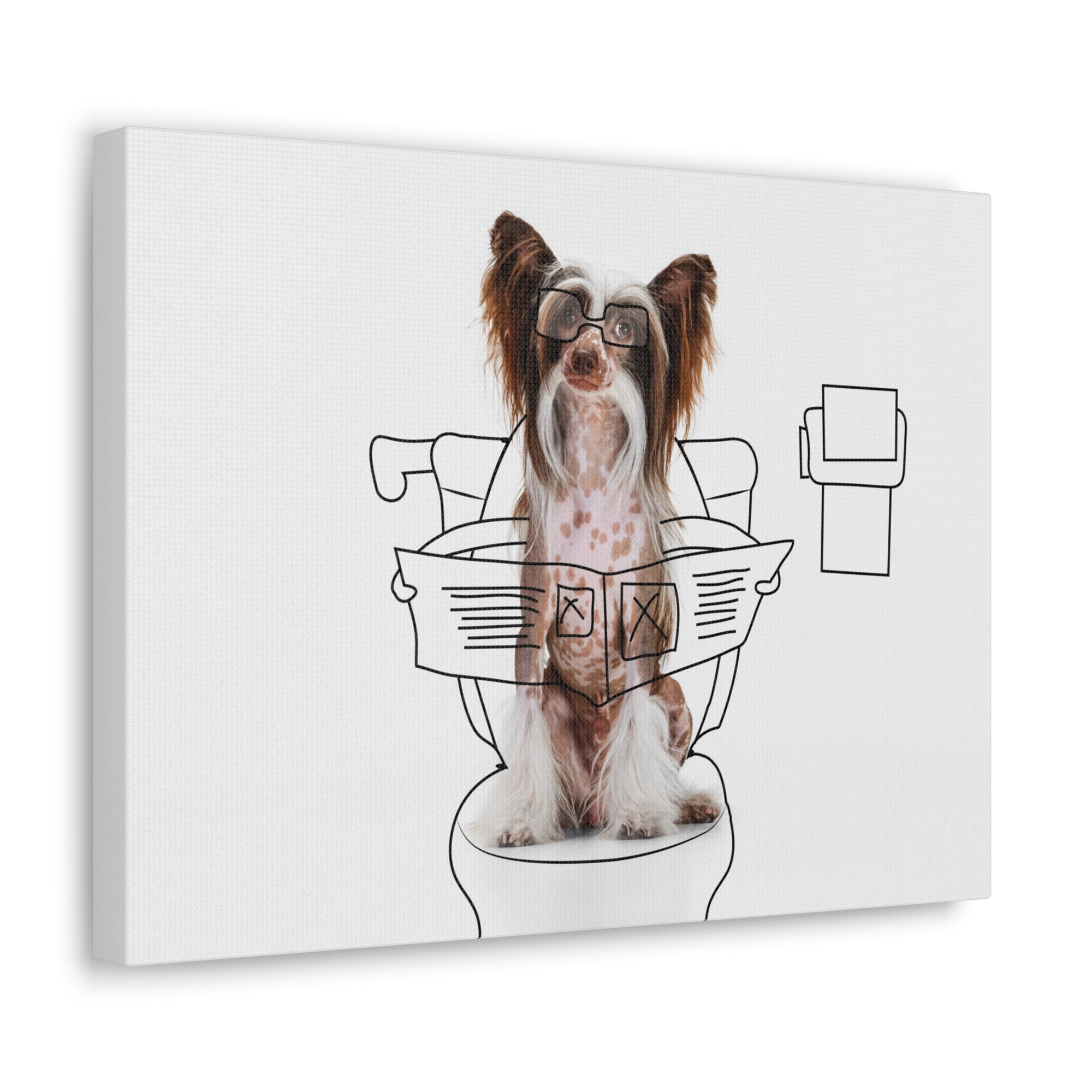 Chinese Crested Reading Newspaper On Toilet Funny Canvas Wall Art for Home Decor Ready-to-Hand-Express Your Love Gifts